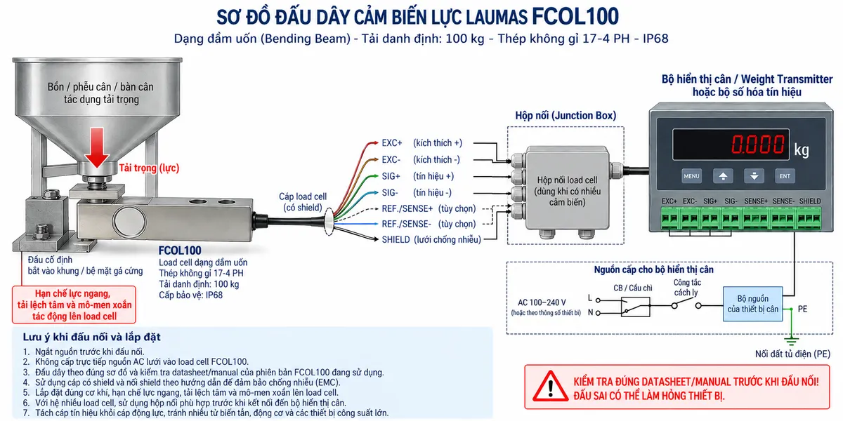 Vẽ sơ đồ đấu dây/kết nối kỹ thuật cho cảm biến lực dạng dầm uốn Laumas FCOL100 trên nền trắng, bố cục ngang. Bên trái thể hiện bồn nhỏ, phễu cân, bàn cân hoặc cơ cấu máy truyền tải trọng đúng phương xuống đầu nhận tải của FCOL100; đầu còn lại của dầm được bắt chắc vào khung hoặc bề mặt gá cứng, có chú thích hạn chế lực ngang, tải lệch tâm và mô-men xoắn. Ở giữa thể hiện load cell FCOL100 dạng dầm uốn và cáp tín hiệu đi sang bộ hiển thị cân, weight transmitter hoặc bộ số hóa ở bên phải. Vẽ EXC+ và EXC- từ thiết bị điện tử cân cấp điện áp kích thích tới cầu Wheatstone trong load cell; SIG+ và SIG- từ FCOL100 mang tín hiệu vi sai mV/V trở về thiết bị xử lý; SHIELD nối theo hướng dẫn EMC. Nếu datasheet đúng phiên bản FCOL100 xác nhận có REF./SENSE+ và REF./SENSE- thì thể hiện hai đường này dưới dạng tùy chọn; không tự gán màu dây hoặc số chân khi chưa có tài liệu xác nhận. Vẽ riêng nguồn cấp phù hợp của bộ điện tử cân đi qua cầu chì hoặc MCB và công tắc cách ly; PE nối vỏ hoặc tủ điện theo quy tắc an toàn và không đi qua load cell. Ghi chú rõ không cấp trực tiếp AC lưới vào FCOL100, phải ngắt nguồn trước khi đấu nối và kiểm tra đúng datasheet/manual của phiên bản đang sử dụng.