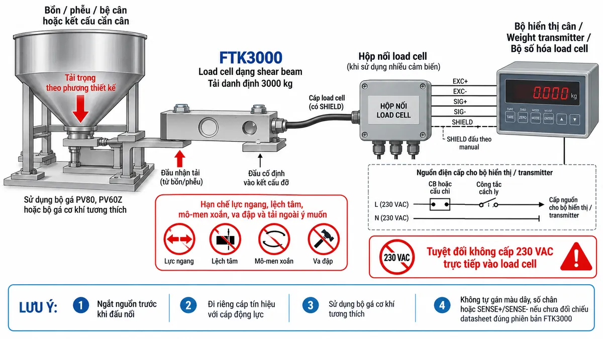 Vẽ sơ đồ đấu dây/kết nối kỹ thuật cho Laumas FTK3000 trên nền trắng, bố cục ngang. Bên trái thể hiện bồn, phễu, bệ cân, con lăn hoặc kết cấu cần cân truyền tải trọng theo phương thiết kế qua bộ gá PV80, PV60Z hoặc bộ gá cơ khí tương thích tới load cell FTK3000 tải danh định 3000 kg dạng shear beam ở giữa. Thể hiện một đầu FTK3000 được cố định chắc chắn vào kết cấu đỡ, đầu nhận tải làm việc đúng hướng; chú thích hạn chế lực ngang, lệch tâm, mô-men xoắn, va đập và tải ngoài ý muốn. Từ FTK3000 vẽ cáp load cell có SHIELD tới hộp nối load cell khi sử dụng nhiều cảm biến, sau đó tới bộ hiển thị cân, weight transmitter hoặc bộ số hóa load cell. Thể hiện EXC+/EXC- từ thiết bị điện tử cân cấp điện áp kích thích cho cầu Wheatstone và SIG+/SIG- truyền tín hiệu vi sai từ load cell về thiết bị đọc; SHIELD xử lý theo manual. Không tự gán màu dây, số chân hoặc SENSE+/SENSE- nếu chưa đối chiếu datasheet đúng phiên bản FTK3000. Nguồn điện lưới chỉ cấp cho bộ hiển thị hoặc transmitter qua CB hoặc cầu chì và công tắc cách ly phù hợp; ghi rõ tuyệt đối không cấp 230 VAC trực tiếp vào load cell. Bổ sung lưu ý ngắt nguồn trước khi đấu nối, đi riêng cáp tín hiệu với cáp động lực và sử dụng bộ gá cơ khí tương thích.