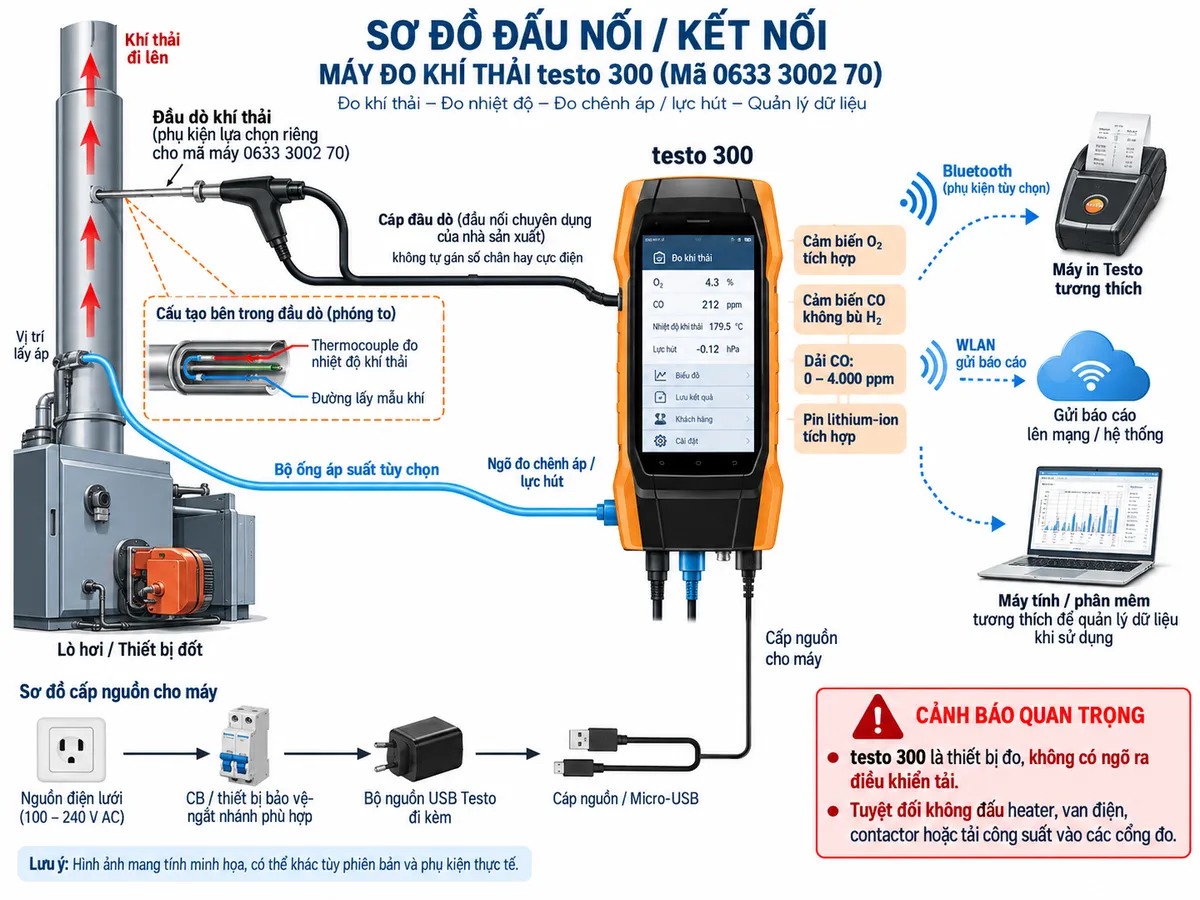 Vẽ sơ đồ đấu dây/kết nối kỹ thuật cho máy đo khí thải testo 300 mã 0633 3002 70 trên nền trắng, bố cục ngang. Bên trái thể hiện lò hơi hoặc thiết bị đốt và ống khói; đầu dò khí thải tương thích được đưa vào vùng dòng khí chính, ghi chú đầu dò là phụ kiện lựa chọn riêng cho mã máy 0633 3002 70. Thể hiện thermocouple trong đầu dò đo nhiệt độ khí thải và đường lấy mẫu khí nối qua đầu nối chuyên dụng của nhà sản xuất tới testo 300 ở giữa, không tự gán số chân hay cực điện. Ghi rõ máy tích hợp cảm biến O2 và cảm biến CO không bù H2 dải 0–4.000 ppm. Vẽ nhánh từ điểm lấy áp trên ống khói hoặc hệ thống qua bộ ống áp suất tùy chọn tới ngõ đo chênh áp/lực hút của testo 300. Phía dưới thể hiện nguồn điện lưới qua CB hoặc thiết bị bảo vệ/ngắt nhánh phù hợp → bộ nguồn USB Testo đi kèm → cáp nguồn vào máy; ghi chú pin lithium-ion tích hợp. Bên phải thể hiện WLAN gửi báo cáo, Bluetooth tới máy in Testo tương thích dưới dạng phụ kiện tùy chọn và máy tính/phần mềm tương thích để quản lý dữ liệu khi sử dụng. Ghi rõ testo 300 là thiết bị đo, không có ngõ ra điều khiển tải; tuyệt đối không đấu heater, van điện, contactor hoặc tải công suất vào các cổng đo.