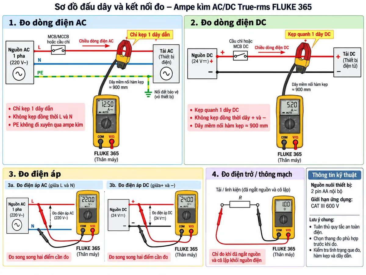 Sơ đồ đấu dây và kết nối đo của ampe kìm AC/DC True-rms FLUKE 365 trên nền trắng, bố cục ngang, chú thích tiếng Việt. Thể hiện nguồn điện AC hoặc DC → thiết bị bảo vệ phù hợp như MCB/MCCB hoặc cầu chì → dây dẫn → tải. Ở chế độ đo dòng, hàm kẹp tháo rời FLUKE 365 chỉ ôm quanh một dây dẫn đơn L hoặc dây DC, không kẹp đồng thời L và N; hàm kẹp nối với thân máy bằng dây mềm dài khoảng 900 mm. Thể hiện thêm chế độ đo điện áp bằng hai que đo nối vào cổng COM và cổng đo V/Ω của FLUKE 365, đặt song song hai điểm cần đo; với AC minh họa L-N, với DC minh họa + và −. Thêm nhánh đo điện trở/thông mạch trên tải đã ngắt nguồn và cô lập khỏi nguồn điện. Ghi chú nguồn nuôi thiết bị là 2 pin AA nội bộ và giới hạn ứng dụng CAT III 600 V; không đưa PE đi xuyên qua ampe kìm.