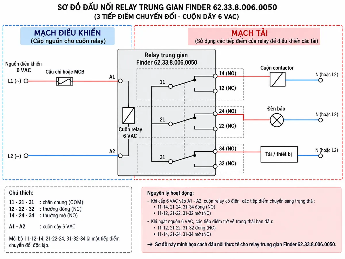 Sơ đồ đấu nối Finder 62.33.8.006.0050 trên nền trắng, bố cục ngang; nguồn điều khiển 6 VAC qua cầu chì hoặc MCB đến cuộn A1-A2; thể hiện ba bộ tiếp điểm chuyển đổi 11-12-14, 21-22-24 và 31-32-34; các tiếp điểm điều khiển contactor, đèn báo hoặc tải; chú thích tiếng Việt và phân biệt rõ mạch điều khiển với mạch tải.