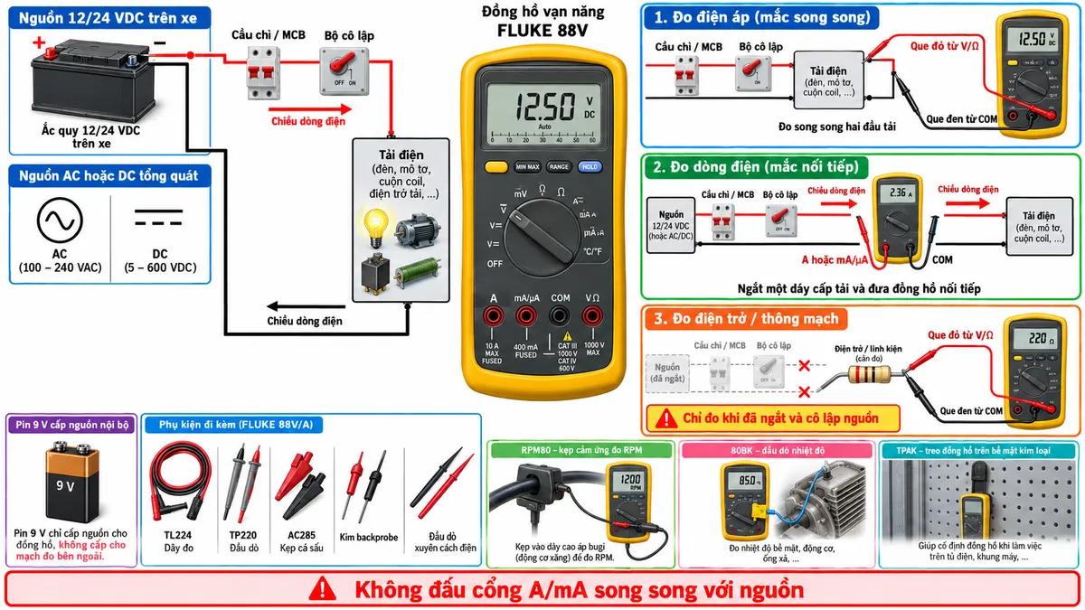 Sơ đồ đấu dây/kết nối kỹ thuật cho Combo đồng hồ vạn năng FLUKE 88V/A trên nền trắng, bố cục ngang, chú thích tiếng Việt. Bên trái thể hiện nguồn AC hoặc DC, ưu tiên minh họa nguồn 12/24 VDC trên xe và một nhánh nguồn AC/DC tổng quát, đi qua cầu chì hoặc MCB và bộ cô lập trước khi cấp cho tải. Ở giữa đặt đồng hồ FLUKE 88V với bốn cổng A, mA/µA, COM và V/Ω. Nhánh đo điện áp: que đen từ COM và que đỏ từ V/Ω đấu song song hai đầu tải. Nhánh đo dòng: ngắt một dây cấp tải rồi đưa đồng hồ nối tiếp qua COM và cổng A hoặc mA/µA phù hợp, có mũi tên chiều dòng điện. Nhánh đo điện trở/thông mạch: phần tử được tách khỏi nguồn, hai que đo đặt hai đầu linh kiện và ghi rõ “Chỉ đo khi đã ngắt và cô lập nguồn”. Thể hiện pin 9 V cấp nguồn nội bộ cho đồng hồ. Bổ sung phụ kiện TL224, TP220, AC285, kim backprobe và đầu dò xuyên cách điện ở khu vực que đo; nhánh RPM80 kẹp cảm ứng quanh dây cao áp đánh lửa và nối tới FLUKE 88V để đo RPM; đầu dò 80BK nối tới đồng hồ để đo nhiệt độ; TPAK treo đồng hồ lên bề mặt kim loại. Có cảnh báo nổi bật “Không đấu cổng A/mA song song với nguồn”.