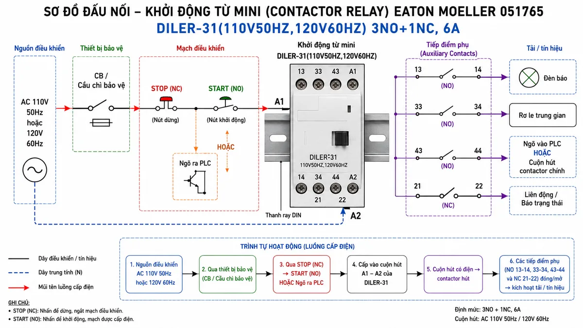 Sơ đồ đấu dây / kết nối của Khởi động từ mini Eaton Moeller 051765 DILER-31(110V50HZ,120V60HZ) 3NO+1NC: thể hiện nguồn điều khiển AC 110V 50Hz hoặc 120V 60Hz đi qua CB hoặc cầu chì bảo vệ, nút STOP thường đóng, nút START thường mở hoặc ngõ ra PLC, đấu vào cuộn hút A1-A2; hiển thị các tiếp điểm NO 13-14, 33-34, 43-44 cấp tín hiệu cho đèn báo, rơ le trung gian, ngõ vào PLC hoặc cuộn hút contactor chính; hiển thị tiếp điểm NC 21-22 dùng cho liên động hoặc báo trạng thái; có thanh ray DIN, ký hiệu dây điều khiển, thiết bị bảo vệ và mũi tên luồng cấp điện.