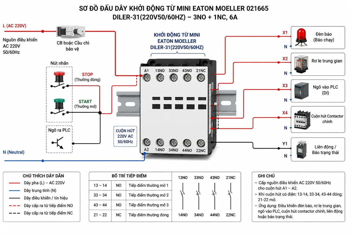 Sơ đồ đấu dây / kết nối khởi động từ mini Eaton Moeller 021665 DILER-31(220V50/60HZ) 3NO+1NC trong tủ điện công nghiệp: thể hiện nguồn điều khiển AC 220V 50/60Hz đi qua CB hoặc cầu chì bảo vệ, nút STOP thường đóng, nút START thường mở hoặc ngõ ra PLC, đấu vào cuộn hút A1-A2; hiển thị rõ các cực A1, A2, các tiếp điểm NO 13-14, 33-34, 43-44 cấp tín hiệu cho đèn báo, rơ le trung gian, ngõ vào PLC và cuộn hút contactor chính; tiếp điểm NC 21-22 dùng cho liên động hoặc báo trạng thái; có thanh DIN, tải phụ, thiết bị bảo vệ, mũi tên luồng cấp điện và chú thích tiếng Việt rõ ràng