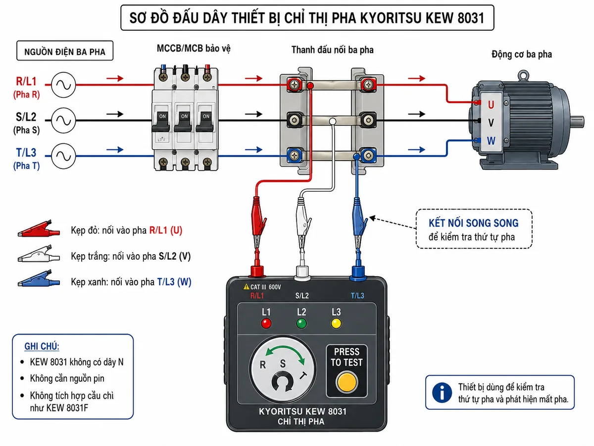 Vẽ sơ đồ đấu dây thiết bị chỉ thị pha KYORITSU KEW 8031 trên nền trắng, nhãn tiếng Việt; thể hiện nguồn điện ba pha R/L1, S/L2, T/L3 đi qua MCCB hoặc MCB bảo vệ đến thanh đấu nối và tải là động cơ ba pha; đấu song song ba dây đo của KEW 8031 với kẹp đỏ vào R/L1/U, kẹp trắng vào S/L2/V, kẹp xanh vào T/L3/W; thể hiện thân máy có ba đèn L1-L2-L3, cửa sổ đĩa quay và nút nhấn PRESS TO TEST; dùng mũi tên chỉ luồng nguồn từ thiết bị bảo vệ đến tải; ghi chú KEW 8031 không có dây N, không cần nguồn pin và không tích hợp cầu chì như KEW 8031F