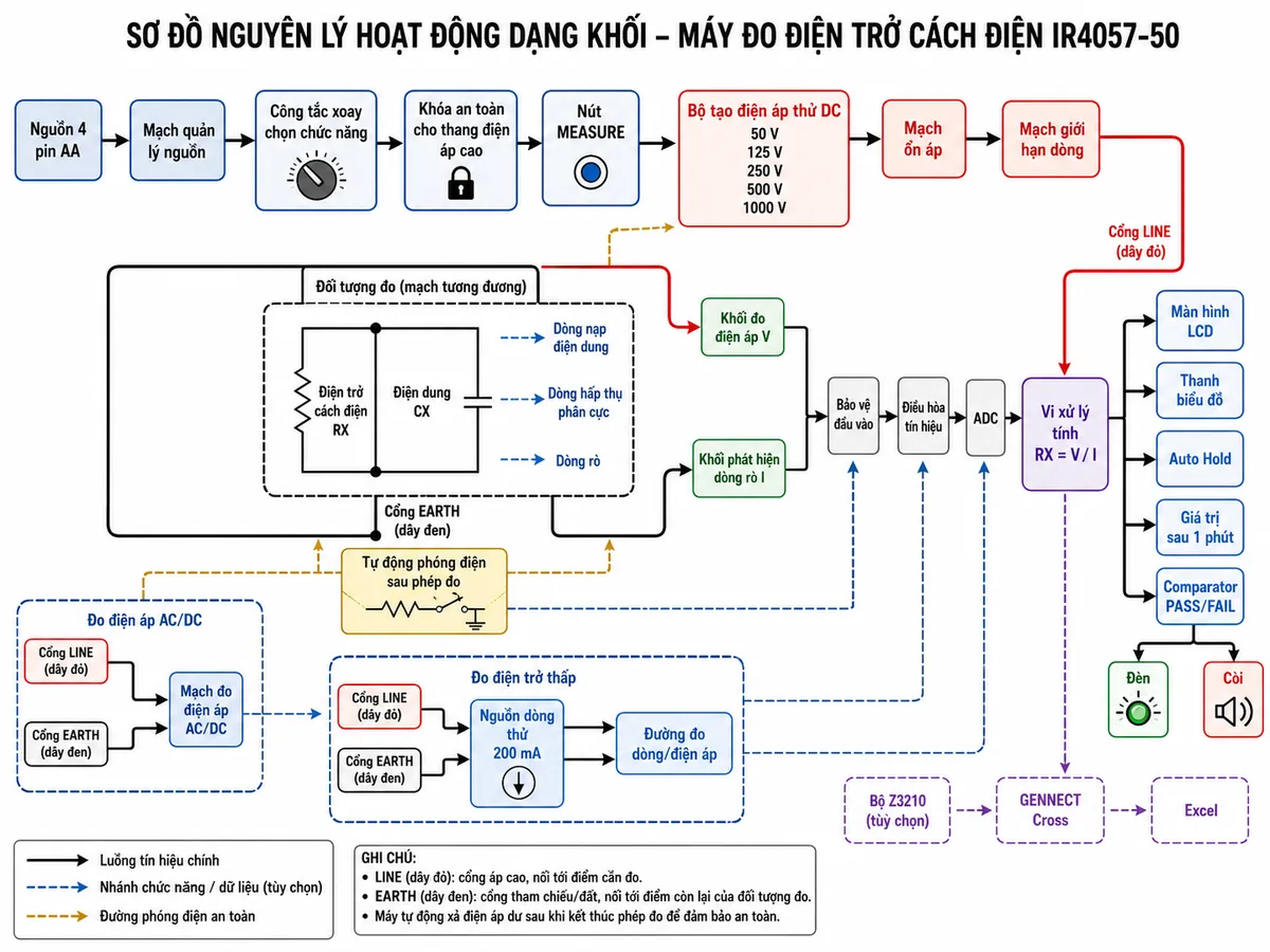 Vẽ sơ đồ nguyên lý hoạt động dạng khối của Máy đo điện trở cách điện HIOKI IR4057-50, nền trắng, bố cục ngang, nhãn tiếng Việt, phong cách kỹ thuật điện công nghiệp. Luồng chính bắt đầu từ nguồn 4 pin AA qua mạch quản lý nguồn, công tắc xoay chọn chức năng, khóa an toàn cho thang điện áp cao và nút MEASURE; tiếp theo là bộ tạo điện áp thử DC với các mức 50 V, 125 V, 250 V, 500 V và 1000 V, mạch ổn áp và giới hạn dòng. Điện áp đi qua cổng LINE dây đỏ tới mô hình đối tượng đo gồm điện trở cách điện RX song song với điện dung CX, dòng nạp điện dung, dòng hấp thụ phân cực và dòng rò; dòng quay về cổng EARTH dây đen. Thể hiện khối đo điện áp V, phát hiện dòng rò I, bảo vệ đầu vào, điều hòa tín hiệu, ADC và vi xử lý tính RX bằng V chia I. Từ vi xử lý phân nhánh tới LCD, thanh biểu đồ, Auto Hold, giá trị sau 1 phút và comparator PASS/FAIL bằng đèn cùng còi. Bổ sung các nhánh đo điện áp AC/DC, đo điện trở thấp với nguồn dòng thử 200 mA, tự động phóng điện sau phép đo và truyền dữ liệu qua bộ Z3210 tùy chọn tới GENNECT Cross hoặc Excel.