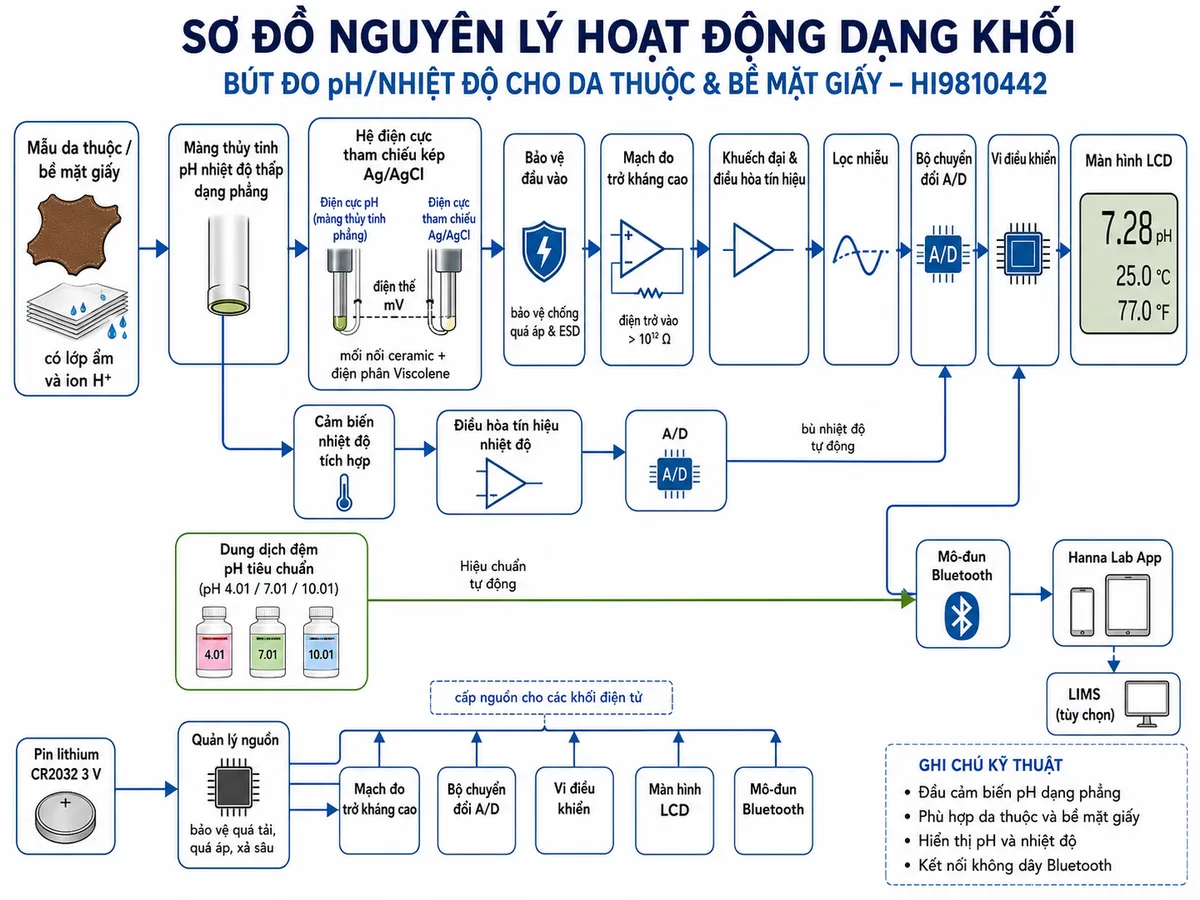 Sơ đồ nguyên lý hoạt động dạng khối của Bút Đo pH/Nhiệt Độ Cho Da Thuộc &amp; Bề Mặt Giấy Hanna HI9810442, nền trắng, bố cục ngang, phong cách kỹ thuật đo lường và nhãn tiếng Việt; luồng chính bắt đầu từ mẫu da thuộc hoặc bề mặt giấy có lớp ẩm và ion H+ đi tới màng thủy tinh pH nhiệt độ thấp dạng phẳng; tín hiệu được so sánh với hệ điện cực tham chiếu kép Ag/AgCl qua mối nối ceramic và điện phân Viscolene để tạo điện thế mV; điện thế tiếp tục qua khối bảo vệ đầu vào, mạch đo trở kháng cao, khuếch đại và điều hòa tín hiệu, lọc nhiễu, bộ chuyển đổi A/D và vi điều khiển rồi tới màn hình LCD hiển thị pH; vẽ nhánh riêng từ cảm biến nhiệt độ tích hợp qua điều hòa tín hiệu và A/D tới vi điều khiển để bù nhiệt độ tự động và hiển thị °C hoặc °F; bổ sung nhánh hiệu chuẩn tự động từ dung dịch đệm pH tiêu chuẩn tới vi điều khiển, nhánh Bluetooth tới Hanna Lab App hoặc LIMS và nhánh nguồn từ pin CR2032 qua khối quản lý nguồn tới các mạch điện tử.