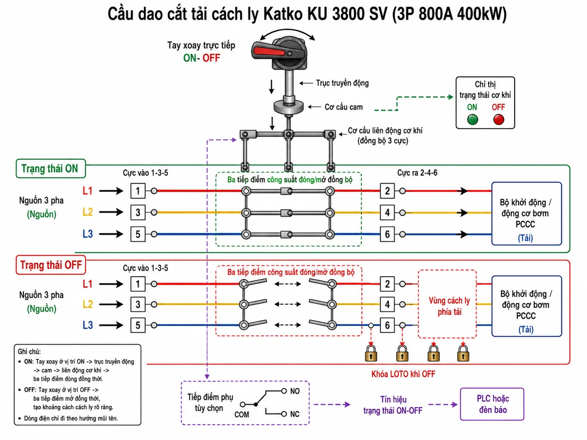 Vẽ sơ đồ khối nguyên lý hoạt động của cầu dao cắt tải cách ly Katko KU 3800 SV trên nền trắng, bố cục ngang. Phía trên thể hiện tay xoay trực tiếp ON-OFF truyền lực qua trục đến cơ cấu cam và cơ cấu liên động cơ khí. Phía dưới thể hiện nguồn ba pha đi vào các cực 1-3-5, qua ba tiếp điểm công suất đóng mở đồng bộ, đi ra các cực 2-4-6 đến bộ khởi động hoặc động cơ bơm PCCC. Minh họa trạng thái ON với ba tiếp điểm đóng và mũi tên dòng điện sang tải; trạng thái OFF với ba tiếp điểm mở, vùng cách ly phía tải và ba vị trí khóa ổ khóa LOTO theo hướng dẫn lắp đặt. Bổ sung khối chỉ thị trạng thái cơ khí và nhánh tiếp điểm phụ tùy chọn truyền tín hiệu về PLC hoặc đèn báo.