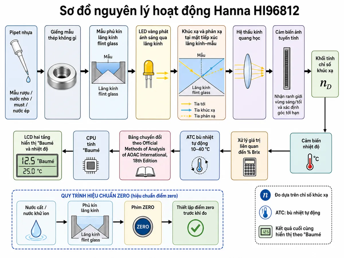 Sơ đồ nguyên lý hoạt động Hanna HI96812 dạng block diagram kỹ thuật trên nền trắng: pipet nhựa nhỏ mẫu rượu/nước nho/must/nước ép → giếng mẫu thép không gỉ → mẫu phủ kín lăng kính flint glass → LED vàng phát ánh sáng qua lăng kính → khúc xạ và phản xạ tại mặt tiếp xúc lăng kính–mẫu → hệ thấu kính quang học → cảm biến ảnh tuyến tính nhận ranh giới vùng sáng/tối và xác định góc tới hạn → khối tính chỉ số khúc xạ. Từ cảm biến nhiệt độ tạo nhánh vào khối ATC bù nhiệt tự động 10–40 °C → xử lý giá trị liên quan đến % Brix → bảng chuyển đổi theo Official Methods of Analysis of AOAC International, 18th Edition → CPU tính °Baumé → LCD hai tầng hiển thị °Baumé và nhiệt độ. Bổ sung nhánh hiệu chuẩn ZERO: nước cất/nước khử ion → phủ kín lăng kính → phím ZERO → thiết lập điểm zero trước khi đo.