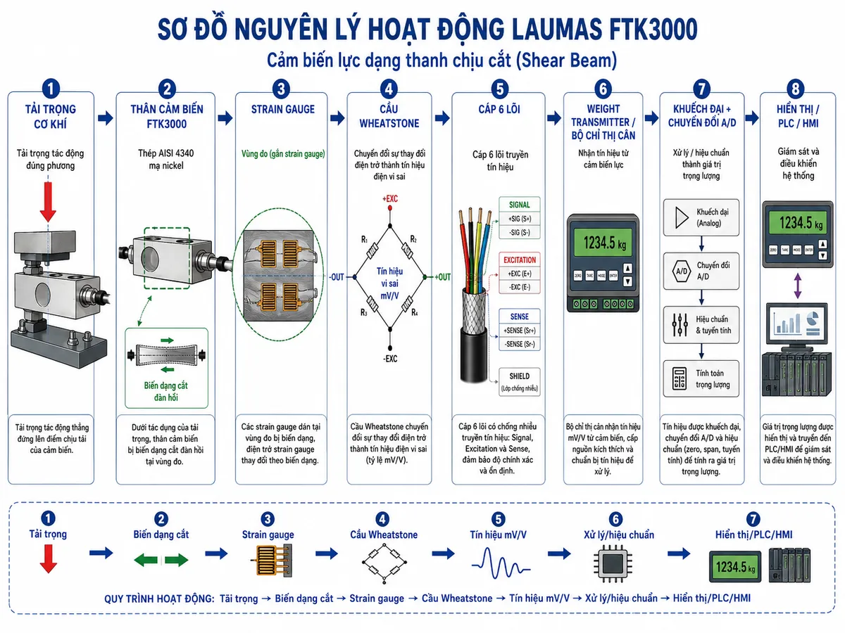 Sơ đồ nguyên lý hoạt động Laumas FTK3000 dạng khối chức năng theo chiều ngang, nền trắng, phong cách kỹ thuật công nghiệp. Thể hiện lần lượt: tải trọng cơ học tác động đúng phương lên điểm nhận lực của FTK3000 → thân thép AISI 4340 mạ nickel của Shear Beam phát sinh biến dạng cắt đàn hồi → các strain gauge tại vùng đo thay đổi điện trở → cầu Wheatstone tạo tín hiệu vi sai mV/V → cáp 6 lõi truyền Signal, Excitation và Sense tới weight transmitter hoặc bộ chỉ thị cân → mạch khuếch đại và chuyển đổi A/D xử lý, hiệu chuẩn thành giá trị trọng lượng → dữ liệu đưa tới màn hình cân, PLC hoặc HMI để giám sát và điều khiển hệ thống. Dùng mũi tên rõ ràng thể hiện toàn bộ luồng Tải trọng → Biến dạng cắt → Strain gauge → Cầu Wheatstone → Tín hiệu mV/V → Xử lý/hiệu chuẩn → Hiển thị/PLC/HMI.