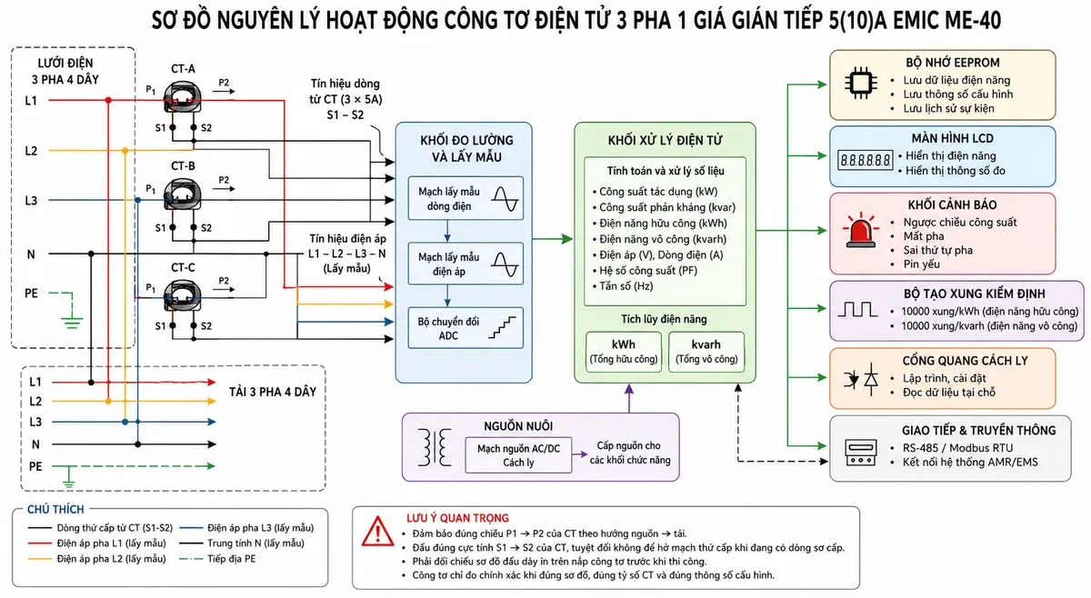 Vẽ sơ đồ nguyên lý hoạt động dạng khối trên nền trắng, bố cục ngang cho Công Tơ Điện Tử 3 Pha 1 Giá Gián Tiếp 5(10)A EMIC ME-40. Bên trái là lưới điện 3 pha 4 dây L1-L2-L3-N cấp cho tải; ba biến dòng CT-A, CT-B, CT-C lấy tín hiệu dòng từng pha và các dây L1-L2-L3-N cung cấp tín hiệu điện áp. Tín hiệu thứ cấp của 3 CT cùng tín hiệu điện áp đi vào khối đo/lấy mẫu; từ đó chuyển sang khối xử lý điện tử để tính công suất, điện năng hữu công kWh, điện năng vô công kvarh và các đại lượng V, A, kW, kvar, PF. Từ khối xử lý chia các nhánh tới bộ nhớ EEPROM, màn hình LCD, khối cảnh báo ngược chiều công suất/mất pha/sai thứ tự pha/pin yếu, khối tạo xung kiểm định 10000 xung/kWh và 10000 xung/kvarh, cổng quang cách ly và khối giao tiếp phục vụ hệ thống AMR. Dùng mũi tên rõ ràng thể hiện luồng từ lưới điện và CT tới đo lường, xử lý, tích lũy, lưu trữ, hiển thị, cảnh báo và truyền dữ liệu.