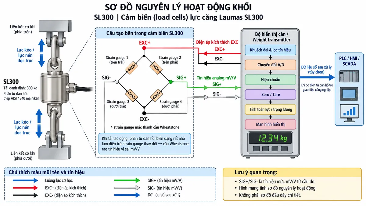 Vẽ sơ đồ nguyên lý hoạt động dạng khối cho cảm biến lực kéo/nén Laumas SL300 trên nền trắng, bố cục ngang. Bắt đầu từ lực kéo hoặc lực nén dọc trục truyền qua hai liên kết cơ khí vào phần tử đàn hồi bằng thép AISI 4340 mạ niken của SL300. Bên trong cảm biến thể hiện bốn strain gauge mắc thành cầu Wheatstone với các nút EXC+, EXC-, SIG+ và SIG-. Bộ hiển thị cân hoặc weight transmitter cấp EXC+/EXC- tới cầu đo; khi tải làm phần tử đàn hồi biến dạng, điện trở strain gauge thay đổi và cầu Wheatstone tạo tín hiệu vi sai SIG+/SIG- dạng mV/V. Tín hiệu analog tiếp tục qua các khối khuếch đại và lọc tín hiệu, chuyển đổi A/D, hiệu chuẩn, Zero/Tare, tính toán lực hoặc trọng lượng rồi tới màn hình hiển thị. Từ khối xử lý thêm nhánh dữ liệu số tới PLC/HMI/SCADA nếu thiết bị điện tử cân hỗ trợ giao tiếp công nghiệp. Dùng mũi tên và chú thích tiếng Việt để phân biệt luồng lực cơ học, điện áp kích thích EXC, tín hiệu analog mV/V và dữ liệu số sau xử lý.
