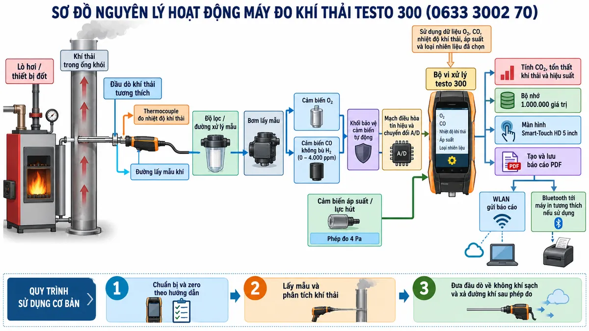 Vẽ sơ đồ nguyên lý hoạt động dạng khối cho máy đo khí thải testo 300 mã 0633 3002 70 trên nền trắng, bố cục ngang. Luồng chính: Lò hơi/thiết bị đốt → khí thải trong ống khói → đầu dò khí thải tương thích → thermocouple đo nhiệt độ khí thải và đường lấy mẫu khí → bộ lọc/đường xử lý mẫu → bơm lấy mẫu → cảm biến O2 và cảm biến CO không bù H2 dải 0–4.000 ppm → khối bảo vệ cảm biến tự động → mạch điều hòa tín hiệu và chuyển đổi A/D → bộ vi xử lý testo 300. Vẽ thêm nhánh cảm biến áp suất/lực hút và phép đo 4 Pa đi vào bộ xử lý. Từ dữ liệu O2, CO, nhiệt độ khí thải, áp suất và loại nhiên liệu đã chọn, bộ xử lý tính CO2, tổn thất khí thải và hiệu suất → bộ nhớ 1.000.000 giá trị → màn hình Smart-Touch HD 5 inch → tạo và lưu báo cáo PDF → WLAN gửi báo cáo hoặc Bluetooth tới máy in tương thích nếu sử dụng. Phía dưới thể hiện quy trình ba bước: chuẩn bị và zero theo hướng dẫn → lấy mẫu và phân tích khí thải → đưa đầu dò về không khí sạch và xả đường khí sau phép đo.