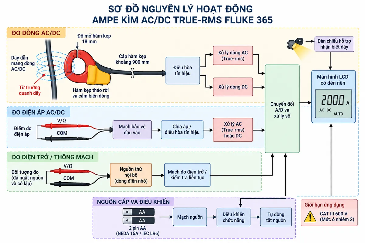Sơ đồ nguyên lý hoạt động dạng khối của ampe kìm AC/DC True-rms FLUKE 365 trên nền trắng, bố cục ngang, chú thích tiếng Việt. Luồng đo dòng chính: dây dẫn mang dòng AC/DC → từ trường quanh dây → hàm kẹp tháo rời độ mở 18 mm và phần tử cảm biến dòng → cáp hàm kẹp khoảng 900 mm → điều hòa tín hiệu → chia thành nhánh xử lý dòng AC True-rms và nhánh xử lý dòng DC → chuyển đổi/xử lý số → màn hình LCD có đèn nền. Vẽ thêm nhánh đèn chiếu hỗ trợ nhận biết dây. Luồng đo điện áp: cổng V/Ω và COM → mạch bảo vệ đầu vào → chia áp/điều hòa tín hiệu → xử lý AC True-rms hoặc DC → bộ xử lý số → màn hình. Luồng điện trở/thông mạch: cổng V/Ω-COM → nguồn thử nội bộ → mạch đo điện trở/kiểm tra liên tục → bộ xử lý → màn hình. Thể hiện 2 pin AA cấp nguồn cho các khối điện tử và chức năng tự động tắt nguồn.