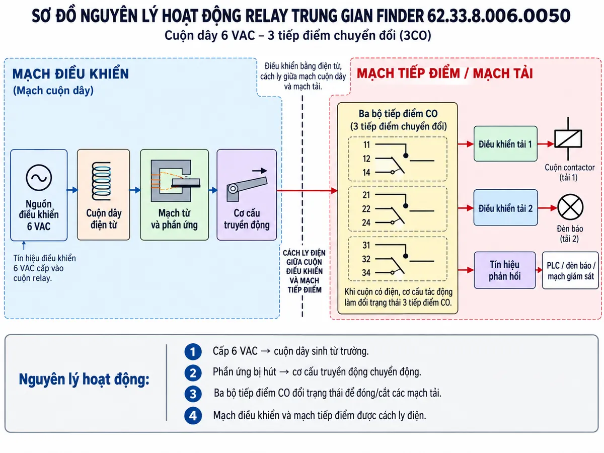 Sơ đồ nguyên lý hoạt động dạng khối Finder 62.33.8.006.0050 trên nền trắng, bố cục ngang, chú thích tiếng Việt: nguồn điều khiển 6 VAC → cuộn dây điện từ → mạch từ và phần ứng → cơ cấu truyền động → ba bộ tiếp điểm CO; từ các tiếp điểm tách thành các nhánh điều khiển tải 1, tải 2 và tín hiệu phản hồi; thể hiện rõ cách ly điện giữa cuộn điều khiển và mạch tiếp điểm.