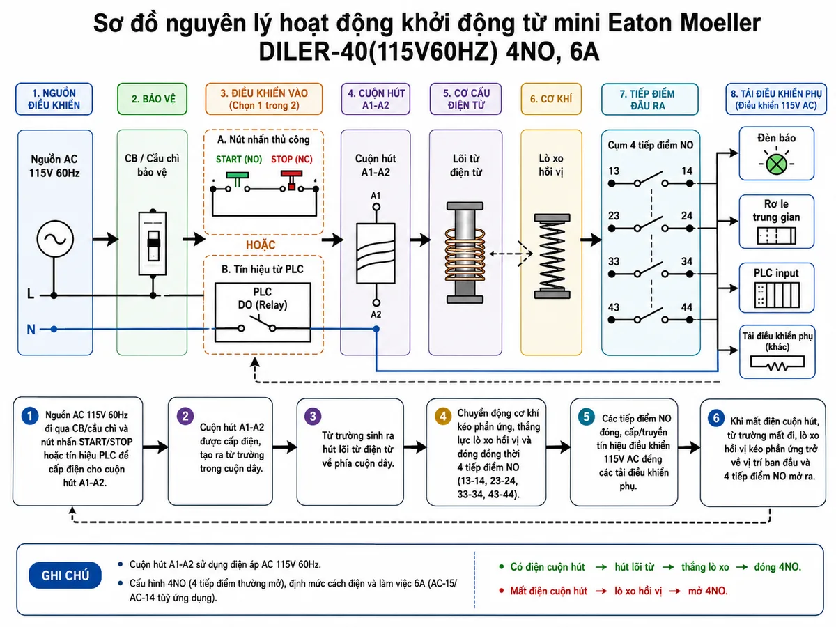 Sơ đồ nguyên lý hoạt động khởi động từ mini Eaton Moeller 010270 DILER-40(115V60HZ); thể hiện các khối chức năng gồm nguồn AC 115V 60Hz, CB/cầu chì, nút nhấn hoặc tín hiệu PLC, cuộn hút A1-A2, lõi từ điện từ, lò xo hồi vị, cụm 4 tiếp điểm NO và các tải điều khiển phụ; dùng mũi tên mô tả luồng cấp điện cho cuộn hút, tạo từ trường hút lõi từ, đóng 4 tiếp điểm NO, truyền tín hiệu điều khiển và tự hồi về mở tiếp điểm khi mất điện; phong cách sơ đồ kỹ thuật điện công nghiệp nền trắng, sạch, rõ ràng