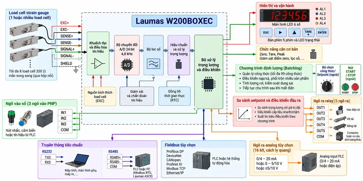 Sơ đồ nguyên lý hoạt động Laumas W200BOXEC trên nền trắng dạng ngang: bên trái là một hoặc nhiều load cell strain gauge với nguồn kích thích EXC+/EXC-, tín hiệu SIGNAL+/SIGNAL- và REF/SENSE đi vào khối khuếch đại/điều hòa tín hiệu; tiếp theo là bộ chuyển đổi A/D 24 bit 4,8 kHz, bộ lọc số, khối hiệu chuẩn và bộ xử lý trọng lượng; từ bộ xử lý chia thành các nhánh tới màn hình LED 6 số, bàn phím 5 phím và LED trạng thái; khối zero/tare/peak; khối chương trình batching và quản lý công thức nhận lựa chọn từ bộ chọn ngoài cùng nút START/STOP; khối so sánh setpoint điều khiển các relay output tới relay trung gian, contactor, van hoặc vít tải; khối digital input nhận lệnh từ cảm biến/nút nhấn/PLC; khối RS232/RS485 Modbus RTU/Laumas ASCII trao đổi dữ liệu với PLC-PC, màn hình phụ hoặc máy in; thể hiện thêm các fieldbus tùy chọn và nhánh ngõ ra analog 16 bit tùy chọn tới analog input PLC; dùng mũi tên chỉ rõ luồng từ load cell tới xử lý trọng lượng rồi tới hiển thị, điều khiển định lượng và truyền thông.