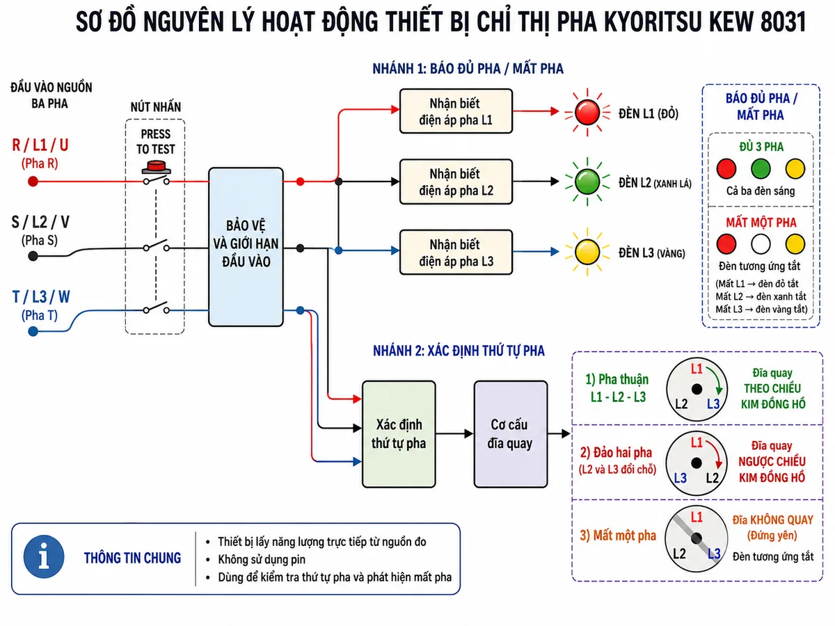 Vẽ sơ đồ nguyên lý hoạt động của thiết bị chỉ thị pha KYORITSU KEW 8031 trên nền trắng, nhãn tiếng Việt; thể hiện ba đầu vào R/L1/U, S/L2/V, T/L3/W đi qua nút nhấn TEST và khối bảo vệ, giới hạn đầu vào; từ đó chia thành ba khối nhận biết điện áp từng pha điều khiển ba đèn L1-L2-L3 để báo đủ pha hoặc mất pha; đồng thời đưa ba tín hiệu vào khối xác định thứ tự pha và cơ cấu đĩa quay; thể hiện pha thuận L1-L2-L3 làm đĩa quay theo chiều kim đồng hồ, đảo hai pha làm đĩa quay ngược chiều kim đồng hồ, mất một pha làm đèn tương ứng tắt và đĩa không quay; ghi chú thiết bị lấy năng lượng trực tiếp từ nguồn đo và không sử dụng pin