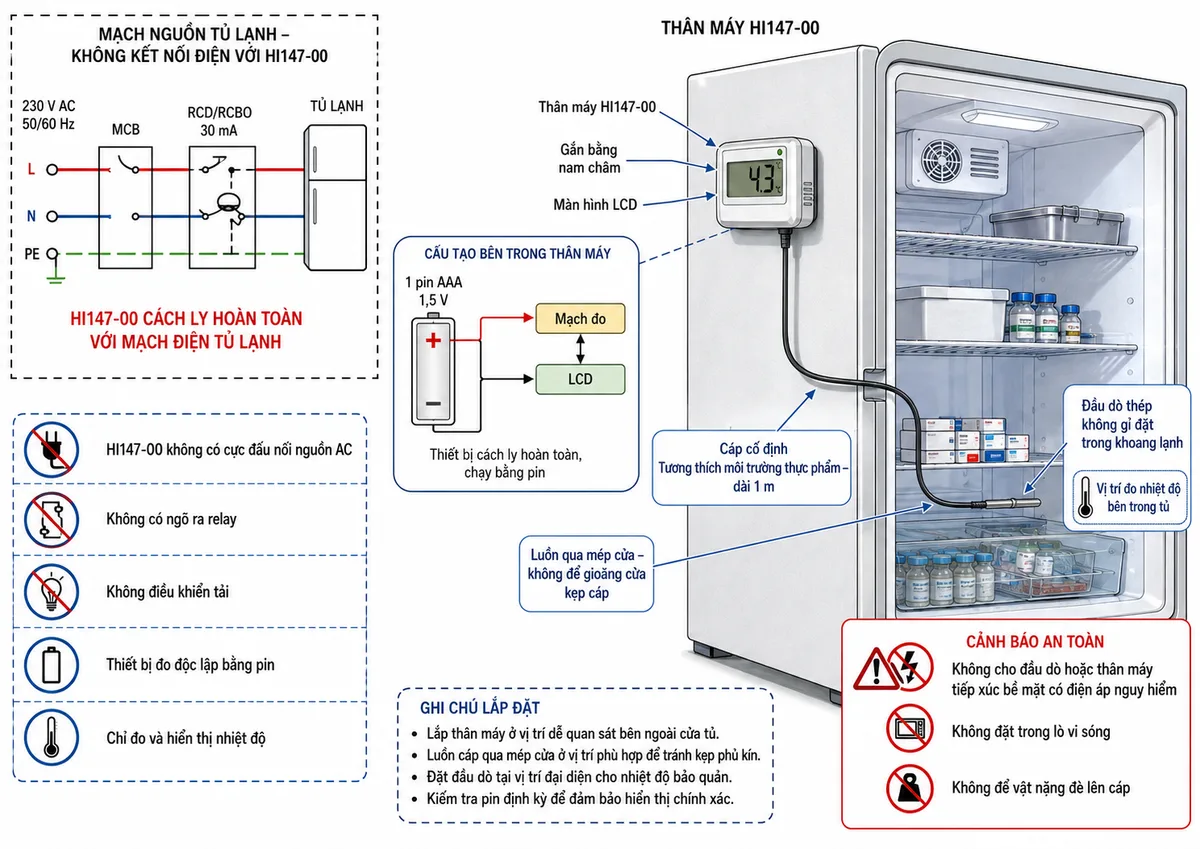 Vẽ sơ đồ đấu dây và kết nối thực tế của Máy Đo Nhiệt Độ Từ Xa Cho Tủ Lạnh Checkfridge™ Hanna HI147-00, nền trắng, bố cục ngang, nhãn tiếng Việt. Thể hiện thân HI147-00 gắn bằng nam châm ở mặt ngoài tủ lạnh, bên trong thân máy có nguồn 1 pin AAA 1,5 V với cực dương và cực âm cấp cho mạch đo cùng màn hình LCD; từ thân máy đi ra cáp cố định tương thích môi trường thực phẩm dài 1 m, luồn qua mép cửa nhưng không bị gioăng cửa kẹp, nối tới đầu dò thép không gỉ đặt bên trong khoang lạnh. Ghi rõ HI147-00 không có cực đấu nối nguồn AC, không có ngõ ra relay, không điều khiển tải và cách ly hoàn toàn với mạch điện tủ lạnh. Vẽ riêng mạch nguồn tủ lạnh 230 V AC đi qua MCB và RCD hoặc RCBO tới tủ lạnh để minh họa thiết bị bảo vệ liên quan, đồng thời dùng đường nét đứt và chú thích rằng mạch này không kết nối điện với HI147-00. Bổ sung cảnh báo không cho đầu dò hoặc thân máy tiếp xúc bề mặt có điện áp nguy hiểm, không đặt trong lò vi sóng và không để vật nặng đè lên cáp.
