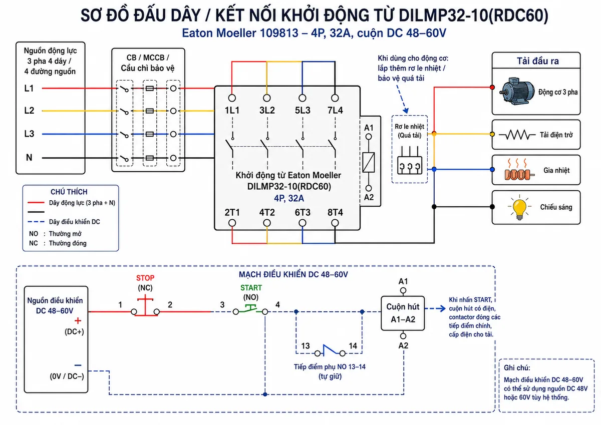 Sơ đồ đấu dây / kết nối khởi động từ Eaton Moeller 109813 DILMP32-10(RDC60) 4P 32A: thể hiện nguồn động lực 3 pha 4 dây L1-L2-L3-N hoặc 4 đường nguồn đi qua CB/MCCB/cầu chì bảo vệ vào các cực chính phía trên 1L1, 3L2, 5L3, 7L4; các cực ra 2T1, 4T2, 6T3, 8T4 cấp đến tải động cơ 3 pha, tải điện trở, gia nhiệt hoặc chiếu sáng; mạch điều khiển DC 48-60V cấp vào A1-A2 qua nút STOP, START và tiếp điểm phụ NO 13-14 dùng tự giữ; có ghi chú rơ le nhiệt khi dùng cho động cơ, dây điều khiển và dây động lực phân biệt rõ ràng
