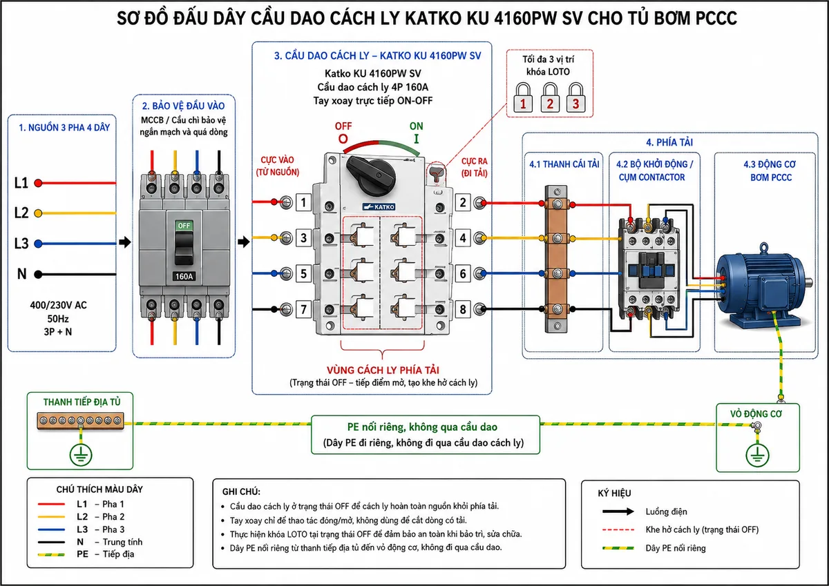 Vẽ sơ đồ đấu dây cầu dao cách ly Katko KU 4160PW SV cho tủ bơm PCCC trên nền trắng, bố cục ngang. Bên trái thể hiện nguồn ba pha bốn dây L1-L2-L3-N đi qua MCCB hoặc cầu chì bảo vệ ngắn mạch và quá dòng. Đấu L1, L2, L3, N lần lượt vào các cực vào 1, 3, 5, 7 của KU 4160PW SV; từ các cực ra 2, 4, 6, 8 nối đến thanh cái tải, bộ khởi động hoặc cụm contactor cấp cho động cơ bơm PCCC. Thể hiện dây PE màu xanh-vàng đi riêng từ thanh tiếp địa tủ đến vỏ động cơ, không đi qua cầu dao. Ghi rõ cầu dao 4P 160A, tay xoay trực tiếp ON-OFF, vùng cách ly phía tải và tối đa ba vị trí khóa LOTO tại trạng thái OFF.