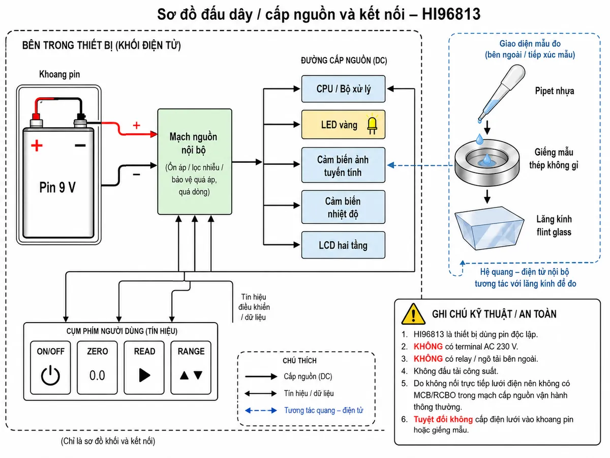 Sơ đồ đấu dây/cấp nguồn và kết nối của khúc xạ kế Hanna HI96813 trên nền trắng: pin 9 V trong khoang pin với cực (+) và (−) → mạch nguồn nội bộ → các nhánh cấp nguồn cho CPU, LED vàng, cảm biến ảnh tuyến tính, cảm biến nhiệt độ và LCD hai tầng; bên ngoài thể hiện pipet nhựa → giếng mẫu thép không gỉ → lăng kính flint glass là giao diện mẫu đo. Thể hiện các phím ON/OFF, ZERO, READ và RANGE nối tới CPU. Ghi chú kỹ thuật rõ ràng: HI96813 là thiết bị dùng pin độc lập, KHÔNG có terminal AC 230 V, KHÔNG có relay/ngõ tải bên ngoài, không đấu tải công suất; do không nối trực tiếp lưới điện nên không có MCB/RCBO trong mạch cấp nguồn vận hành thông thường; tuyệt đối không cấp điện lưới vào khoang pin hoặc giếng mẫu.