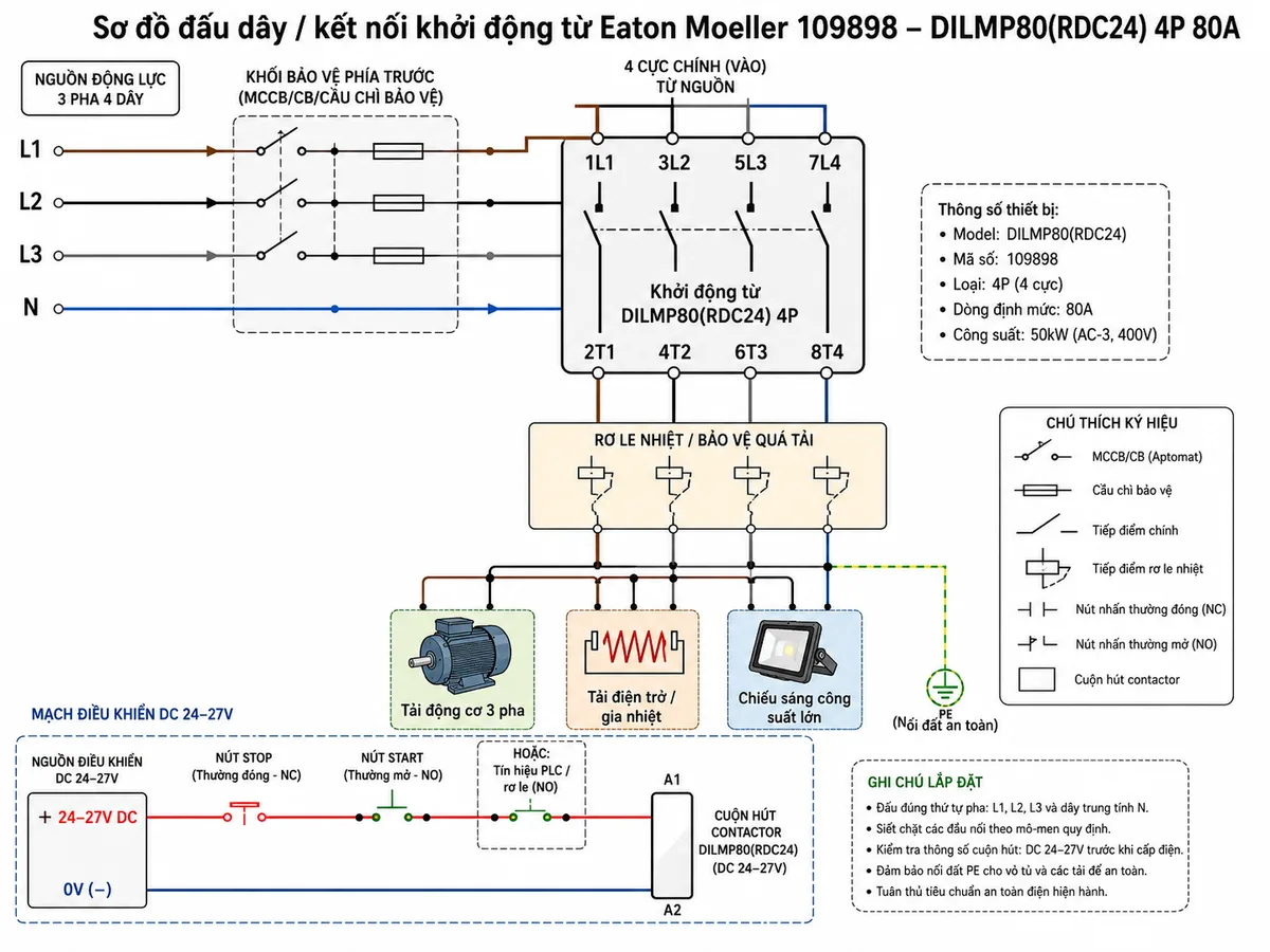 Sơ đồ đấu dây / kết nối khởi động từ Eaton Moeller 109898 DILMP80(RDC24) 4P 80A: thể hiện nguồn 3 pha 4 dây L1-L2-L3-N đi qua MCCB/CB/cầu chì bảo vệ, đấu vào các cực chính phía trên 1L1, 3L2, 5L3, 7L4; các cực ra phía dưới 2T1, 4T2, 6T3, 8T4 cấp tới tải động cơ 3 pha, tải điện trở, gia nhiệt hoặc chiếu sáng công suất lớn; cuộn hút A1-A2 nhận nguồn điều khiển DC 24-27V qua nút STOP thường đóng, nút START thường mở hoặc tín hiệu PLC/rơ le; thể hiện rơ le nhiệt/bảo vệ quá tải ở nhánh tải và ký hiệu nối đất an toàn trong tủ điện.