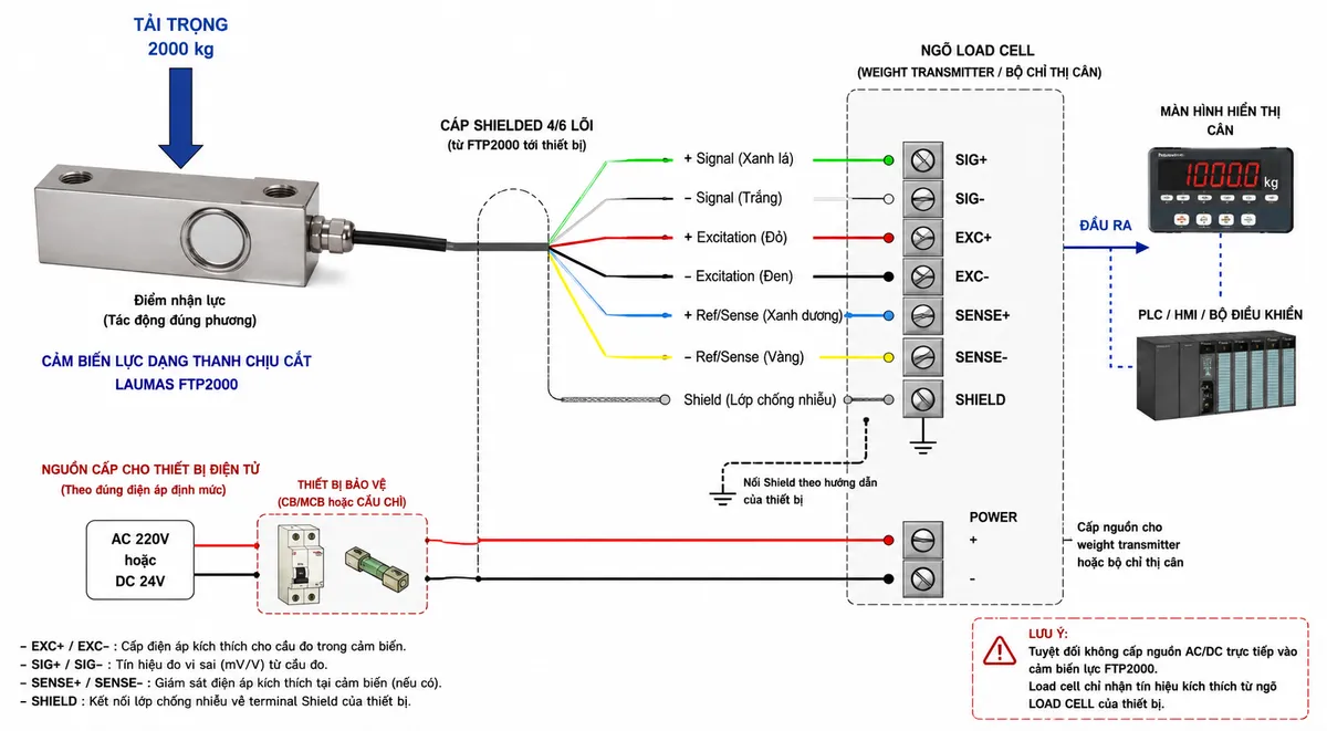 Sơ đồ đấu dây và kết nối Laumas FTP2000 dạng kỹ thuật công nghiệp trên nền trắng: bên trái thể hiện tải cơ học 2000 kg tác động đúng phương lên điểm nhận lực của shear beam FTP2000; phần điện thể hiện cáp shield 4/6 lõi từ FTP2000 tới ngõ LOAD CELL của weight transmitter hoặc bộ chỉ thị cân, gồm +Signal dây xanh lá nối SIG+, -Signal dây trắng nối SIG-, +Excitation dây đỏ nối EXC+, -Excitation dây đen nối EXC-, +Ref/Sense dây xanh dương nối SENSE+ và -Ref/Sense dây vàng nối SENSE- khi được trang bị, kèm Shield nối terminal chống nhiễu theo thiết bị. Thể hiện riêng nguồn AC hoặc DC theo định mức chỉ cấp cho weight transmitter/bộ chỉ thị qua CB/MCB hoặc cầu chì; tuyệt đối không vẽ nguồn AC cấp trực tiếp vào FTP2000. Phía ra thiết bị điện tử có thể kết nối màn hình cân hoặc PLC/HMI.