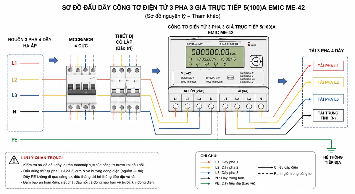 Sơ đồ đấu dây kỹ thuật cho Công Tơ Điện Tử 3 Pha 3 Giá Trực Tiếp 5(100)A EMIC ME-42 trên nền trắng, bố cục ngang; bên trái là nguồn điện hạ áp 3 pha với L1-L2-L3-N và PE, tiếp theo là MCCB/MCB 4 cực và thiết bị cô lập phục vụ bảo trì; từ thiết bị bảo vệ đưa L1-L2-L3-N vào các cụm cực đầu vào của công tơ EMIC ME-42, từ các cụm cực đầu ra tương ứng tiếp tục cấp tới tải 3 pha; thể hiện rõ thân công tơ, nhóm cực nguồn và nhóm cực tải cho từng pha và trung tính nhưng không tự gán số chân nếu không có sơ đồ chân chính thức; dây PE đi thẳng từ hệ thống tiếp địa tới tải, không đi qua công tơ; dùng mũi tên chỉ chiều cấp điện và ghi chú kiểm tra sơ đồ đấu dây in trên công tơ trước khi đóng điện.