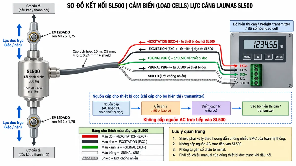 Vẽ sơ đồ đấu dây/kết nối kỹ thuật cho cảm biến lực kéo/nén Laumas SL500 trên nền trắng, bố cục ngang. Bên trái thể hiện tải hoặc cơ cấu thanh kéo truyền lực dọc trục qua hai liên kết cơ khí hoặc khớp cầu EM12DADO ren M12 x 1,75 vào SL500 tải danh định 500 kg. Ở giữa thể hiện SL500 bằng thép AISI 4340 mạ niken và cáp tích hợp dài 10 m, đường kính 5 mm, 4 lõi x 0,24 mm² cùng shield. Từ bộ hiển thị cân/weight transmitter bên phải vẽ +EXCITATION/EXC+ màu đỏ và -EXCITATION/EXC- màu đen đi tới SL500; từ SL500 vẽ +SIGNAL/SIG+ màu xanh lá và -SIGNAL/SIG- màu trắng trở về thiết bị đọc; thể hiện SHIELD riêng và ghi chú xử lý theo hướng dẫn chống nhiễu EMC của toàn hệ thống. Bên phải là bộ hiển thị cân, weight transmitter hoặc bộ số hóa load cell. Vẽ riêng nguồn cấp cho thiết bị đọc đi qua cầu chì hoặc thiết bị bảo vệ và điểm cách ly trước khi vào thiết bị điện tử cân. Ghi chú không cấp nguồn AC trực tiếp vào SL500, không tự gán số chân terminal và phải đối chiếu manual của đúng thiết bị đọc trước khi đấu nối.