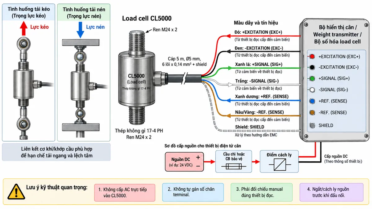 Vẽ sơ đồ đấu dây/kết nối kỹ thuật cho Laumas CL10000 trên nền trắng, bố cục ngang. Bên trái thể hiện hai tình huống lực kéo và lực nén tác động đúng trục lên load cell CL10000 tải danh định 10.000 kg, sử dụng liên kết cơ khí hoặc khớp cầu phù hợp để hạn chế tải ngang, lệch tâm và mô-men uốn. Ở giữa thể hiện cảm biến CL10000 dạng trụ bằng thép không gỉ 17-4 PH, ren liên kết M24 x 2 và cáp load cell dài 5 m, đường kính 5 mm, 6 lõi x 0,14 mm² cùng shield đi sang thiết bị điện tử cân. Thể hiện +EXCITATION/EXC+ màu đỏ và -EXCITATION/EXC- màu đen từ bộ hiển thị cân, weight transmitter hoặc bộ số hóa cấp điện áp kích thích tới cầu Wheatstone; +SIGNAL/SIG+ màu xanh lá và -SIGNAL/SIG- màu trắng truyền tín hiệu vi sai từ CL10000 về thiết bị đọc; +REF./SENSE màu xanh dương và -REF./SENSE màu nâu/vàng là hai đường hồi tiếp điện áp của cấu hình 6 dây; SHIELD tách riêng và xử lý theo hướng dẫn EMC. Không tự gán số chân terminal. Bên phải vẽ bộ hiển thị cân, weight transmitter hoặc bộ số hóa load cell. Vẽ nguồn riêng của thiết bị điện tử cân đi qua cầu chì hoặc CB bảo vệ và điểm cách ly trước khi cấp vào thiết bị. Ghi chú rõ: không cấp AC trực tiếp vào CL10000, phải đối chiếu manual đúng thiết bị đọc và ngắt/cách ly nguồn trước khi đấu nối.