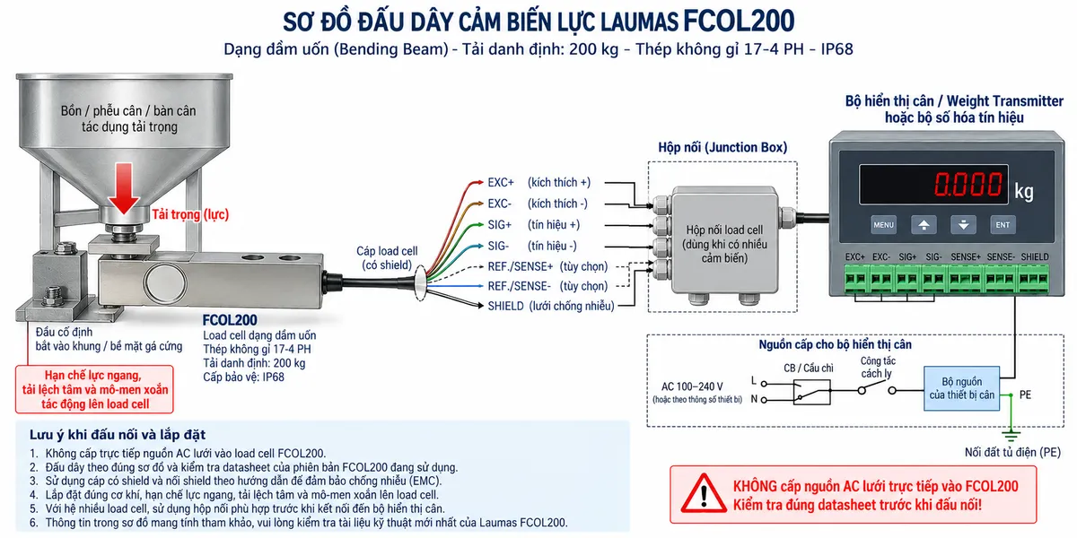 Vẽ sơ đồ đấu dây/kết nối kỹ thuật cho cảm biến lực dạng dầm uốn Laumas FCOL200 trên nền trắng, bố cục ngang. Bên trái thể hiện bồn nhỏ, phễu cân, bàn cân hoặc cơ cấu máy truyền tải trọng đúng phương xuống đầu nhận tải của FCOL200; đầu cố định của dầm được bắt chắc vào khung hoặc bề mặt gá cứng, có chú thích hạn chế lực ngang, tải lệch tâm và mô-men xoắn. Ở giữa vẽ load cell FCOL200 dạng dầm uốn bằng thép không gỉ 17-4 PH, tải danh định 200 kg, IP68 và cáp load cell có shield đi sang bộ hiển thị cân, weight transmitter hoặc bộ số hóa ở bên phải. Thể hiện EXC+ và EXC- từ thiết bị điện tử cân cấp điện áp kích thích tới cầu Wheatstone; SIG+ và SIG- từ FCOL200 mang tín hiệu vi sai mV/V về thiết bị xử lý; SHIELD nối theo hướng dẫn EMC. Nếu phiên bản FCOL200 cụ thể hỗ trợ REF./SENSE+ và REF./SENSE- thì thể hiện hai đường này dưới dạng tùy chọn, không tự gán màu dây hoặc số chân khi chưa đối chiếu datasheet. Với hệ nhiều load cell có thể vẽ hộp nối giữa các FCOL200 và bộ điện tử cân. Vẽ riêng nguồn cấp phù hợp cho bộ điện tử cân qua cầu chì hoặc MCB và công tắc cách ly; PE nối vỏ hoặc tủ điện theo quy tắc an toàn, không đi qua load cell. Ghi chú rõ không cấp trực tiếp nguồn AC lưới vào FCOL200 và phải kiểm tra datasheet đúng phiên bản trước khi đấu nối.