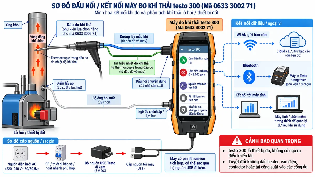 Vẽ sơ đồ đấu dây/kết nối kỹ thuật cho máy đo khí thải testo 300 mã 0633 3002 71 trên nền trắng, bố cục ngang. Bên trái thể hiện lò hơi hoặc thiết bị đốt và ống khói; đầu dò khí thải tương thích được đưa vào vùng dòng khí chính, ghi chú đầu dò là phụ kiện lựa chọn riêng cho mã máy 0633 3002 71. Thể hiện thermocouple trong đầu dò đo nhiệt độ khí thải và đường lấy mẫu khí nối qua đầu nối chuyên dụng của nhà sản xuất tới testo 300 ở giữa, không tự gán số chân hay cực điện. Ghi rõ máy tích hợp cảm biến O2 và cảm biến CO bù H2 dải 0–8.000 ppm. Vẽ nhánh từ điểm lấy áp trên ống khói hoặc hệ thống qua bộ ống áp suất tùy chọn tới ngõ đo chênh áp/lực hút của testo 300. Phía dưới thể hiện nguồn điện lưới qua CB hoặc thiết bị bảo vệ/ngắt nhánh phù hợp → bộ nguồn USB Testo đi kèm → cáp nguồn tới máy; ghi chú pin lithium-ion tích hợp. Bên phải thể hiện WLAN gửi báo cáo, Bluetooth tới máy in Testo tương thích dưới dạng phụ kiện tùy chọn và máy tính/phần mềm tương thích để quản lý dữ liệu khi sử dụng. Ghi rõ testo 300 là thiết bị đo, không có ngõ ra điều khiển tải; tuyệt đối không đấu heater, van điện, contactor hoặc tải công suất vào các cổng đo.