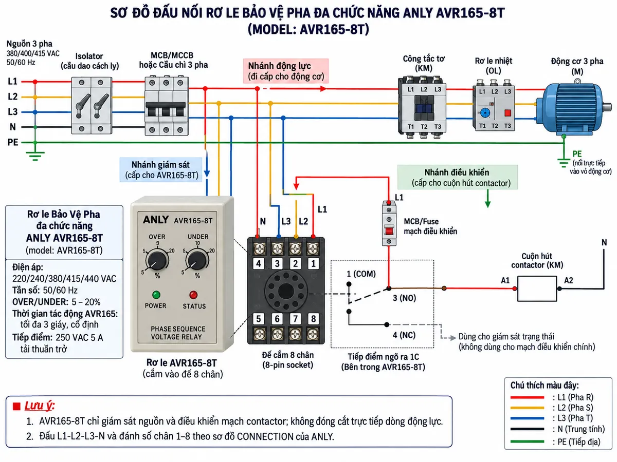 Vẽ sơ đồ đấu dây kỹ thuật cho Rơ le Bảo Vệ Pha đa chức năng Anly EP4-1 DC trên nền trắng, bố cục ngang. Bên trái thể hiện nguồn DC cần giám sát đi qua isolator DC và cầu chì hoặc MCB DC phù hợp. Vẽ EP4-1 DC ở giữa với nguồn nuôi A1-A2 và đường điện áp cần giám sát theo đúng cấu hình của model; với kiểu DC thông thường thể hiện L1 (+) và L3 (-), còn phiên bản 8-60 VDC phải bố trí theo đúng sơ đồ CONNECTION riêng của ANLY. Không tự gán cực nếu chưa đối chiếu mã đầy đủ. Thể hiện nhóm tiếp điểm 15-16-18 và, khi phiên bản output có 2C, nhóm 25-26-28; ghi rõ 15/25 là COM, 16/26 là N.C., 18/28 là N.O. về cấu trúc nhưng chức năng No-Fault/Fault/Over/Under/Instantaneous phụ thuộc mã output 1-6. Minh họa tiếp điểm phù hợp điều khiển relay trung gian, contactor DC hoặc đầu vào PLC; tải được cấp qua thiết bị bảo vệ riêng. Ghi chú phiên bản hiện hành 8-60 VDC có trễ quá áp 0,1-10 s, trễ thấp áp 0,1-10 s và auto reset 1 s hoặc 5 s.