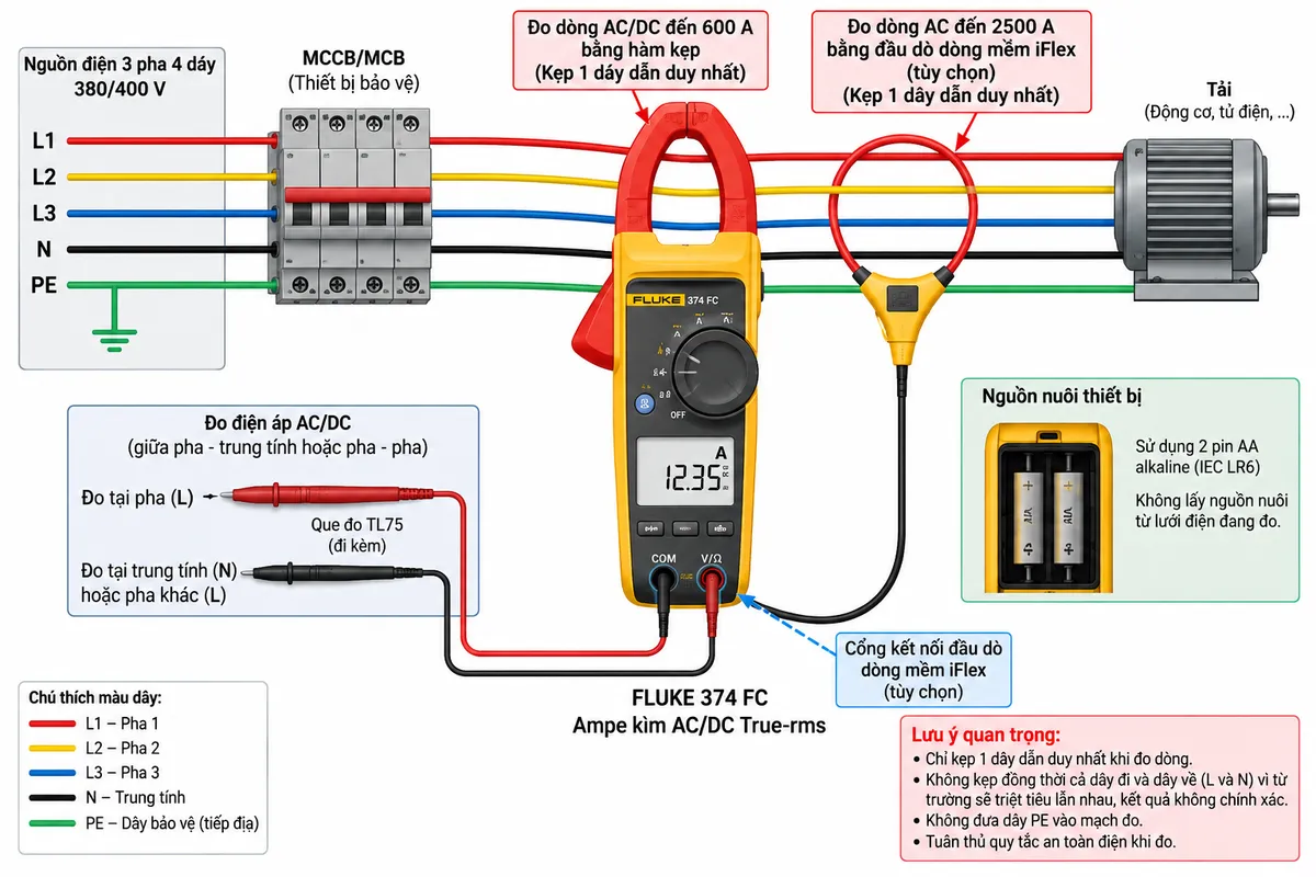 Sơ đồ đấu dây/kết nối Ampe kìm AC/DC True-rms FLUKE 374 FC trên nền trắng, bố cục ngang, chú thích tiếng Việt. Bên trái thể hiện nguồn điện công nghiệp L1-L2-L3-N-PE đi qua MCCB/MCB bảo vệ tới tải như động cơ hoặc tủ điện. Minh họa hàm kẹp FLUKE 374 FC bao quanh riêng một dây pha để đo dòng AC/DC đến 600 A, tuyệt đối không kẹp đồng thời nhiều dây có dòng đi và về. Vẽ thêm nhánh đầu dò dòng mềm iFlex tùy chọn bao quanh một dây pha và kết nối vào cổng iFlex để đo dòng AC đến 2500 A. Minh họa hai cổng V/Ω và COM nối với que đo TL75 để đo điện áp giữa pha-trung tính hoặc pha-pha, không cho PE đi xuyên qua mạch đo. Thể hiện nguồn nuôi nội bộ 2 pin AA cấp cho FLUKE 374 FC, không lấy nguồn nuôi từ lưới điện. Ghi rõ thiết bị bảo vệ MCCB/MCB, nguồn, tải, L1-L2-L3-N-PE, V/Ω, COM và iFlex; không tự gán chân hoặc pinout không được nhà sản xuất công bố.
