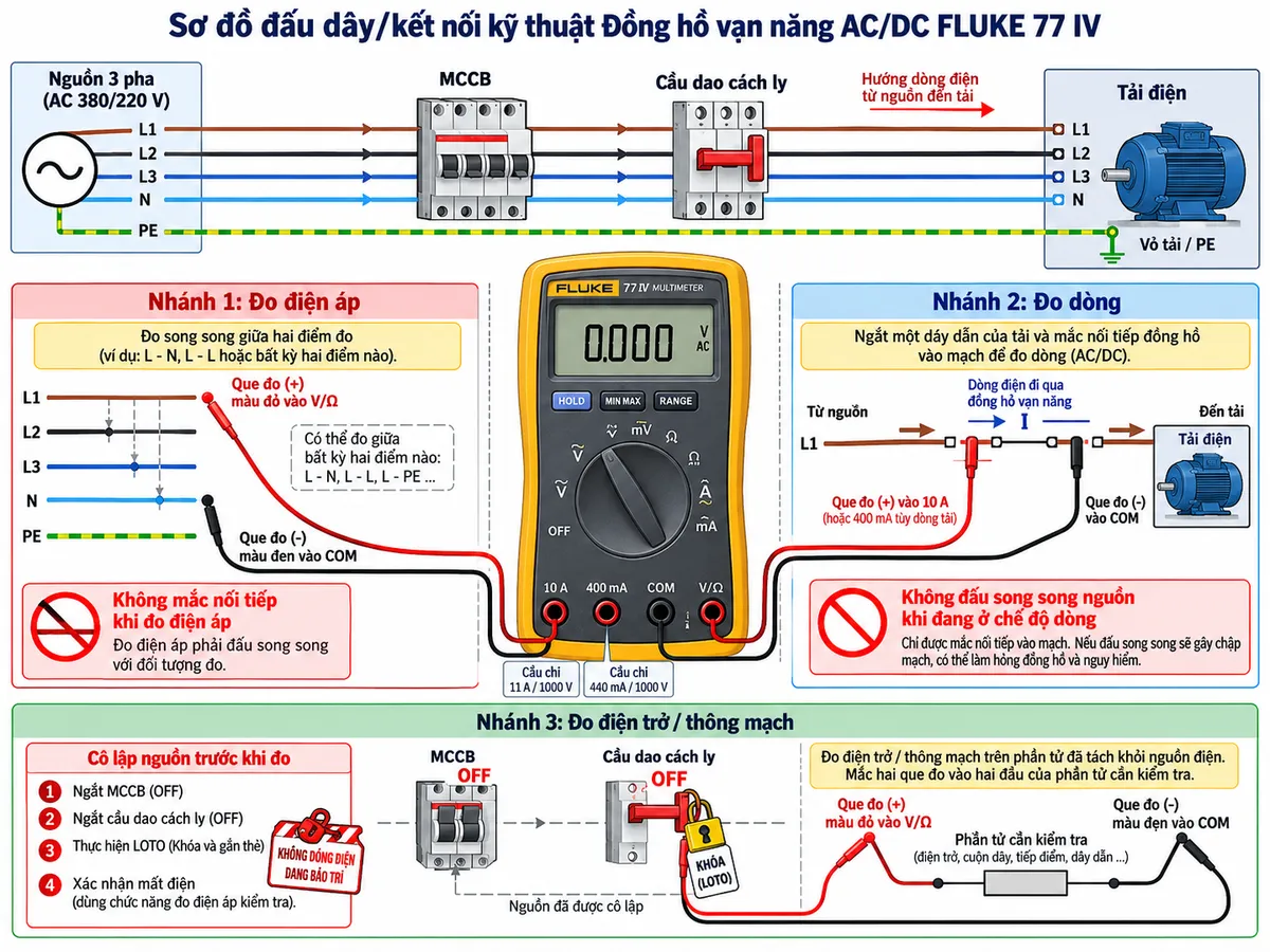 Sơ đồ đấu dây/kết nối kỹ thuật của Đồng hồ vạn năng AC/DC FLUKE 77 IV trên nền trắng, bố cục ngang, phong cách điện công nghiệp. Bên trái là nguồn L1-L2-L3-N-PE đi qua MCCB và cầu dao cách ly tới tải điện; PE nối trực tiếp tới vỏ tải và không đi qua đồng hồ. Đặt FLUKE 77 IV ở trung tâm và thể hiện rõ các cổng V/Ω, COM, 400 mA và 10 A. Nhánh 1 đo điện áp: dây đen từ COM và dây đỏ từ V/Ω mắc song song giữa L-N hoặc hai điểm cần đo, kèm ghi chú “Không mắc nối tiếp khi đo điện áp”. Nhánh 2 đo dòng: mở một dây của nhánh tải dòng phù hợp rồi đưa dòng qua cổng 10 A hoặc 400 mA và COM, thể hiện rõ cầu chì 11 A/1000 V và 440 mA/1000 V bảo vệ các đầu vào tương ứng, kèm cảnh báo “Không đấu song song nguồn khi đang ở chế độ dòng”. Nhánh 3 đo điện trở/thông mạch: MCCB và cầu dao OFF, cô lập nguồn và xác nhận mất điện trước khi nối V/Ω và COM vào hai đầu phần tử cần kiểm tra. Thể hiện rõ nguồn, MCCB, cầu dao cách ly, tải, L1-L2-L3-N-PE, các cổng đồng hồ và chiều dòng đo; chú thích hoàn toàn bằng tiếng Việt.