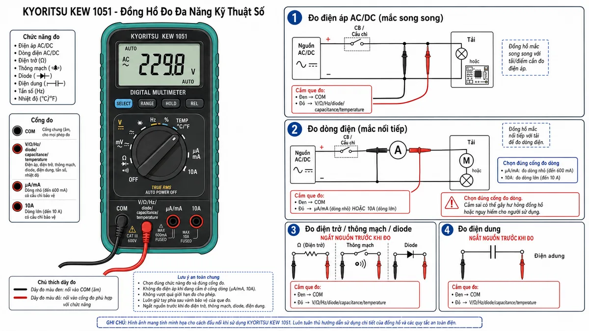 Sơ đồ nguyên lý hoạt động KYORITSU KEW 1051: luồng tín hiệu từ que đo đỏ/đen đi vào các cổng COM, VΩHz, µA/mA và 10A; qua màn trập/cầu chì/mạch bảo vệ đầu vào; qua núm chọn chức năng và mạch chọn thang đo; tách thành các khối đo ACV/DCV 1000V, ACA/DCA 10A, điện trở 60MΩ, continuity buzzer, diode test, capacitance 1000µF, frequency 99.99kHz và temperature K-type; sau đó đi qua bộ chuyển đổi A/D, vi xử lý True RMS, Data Hold, Auto Hold, Range Hold, Zero Adjustment, Low-pass Filter, Auto Power Off; cuối cùng điều khiển đèn nền và hiển thị kết quả trên màn hình LCD 6000 counts; bố cục ngang, mũi tên luồng hoạt động rõ ràng, phong cách sơ đồ kỹ thuật công nghiệp.