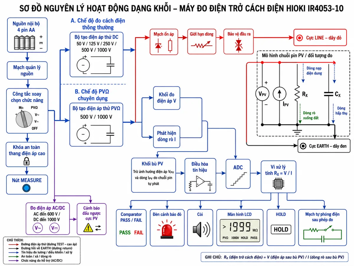 Vẽ sơ đồ nguyên lý hoạt động dạng khối của Máy đo điện trở cách điện HIOKI IR4053-10, nền trắng, bố cục ngang, nhãn tiếng Việt, phong cách kỹ thuật điện công nghiệp. Luồng bắt đầu từ nguồn 4 pin AA qua mạch quản lý nguồn, công tắc xoay chọn chức năng, khóa an toàn thang điện áp cao và nút MEASURE. Chia thành chế độ đo cách điện thông thường với bộ tạo điện áp DC 50 V, 125 V, 250 V, 500 V, 1000 V và chế độ PVΩ chuyên dụng 500 V hoặc 1000 V. Điện áp thử đi qua mạch ổn áp, giới hạn dòng, bảo vệ đầu ra và cực LINE dây đỏ tới mô hình chuỗi pin PV gồm nguồn điện áp phát điện VPV, dòng phát IPV, điện trở cách điện RX song song với điện dung CX, dòng nạp điện dung, dòng hấp thụ và dòng rò xuống đất; dòng quay về cực EARTH dây đen. Vẽ khối đo điện áp V, phát hiện dòng rò I, khối bù PV trừ điện áp và dòng do chuỗi pin tự phát, điều hòa tín hiệu, ADC và vi xử lý tính RX = V/I. Từ vi xử lý phân nhánh tới comparator PASS/FAIL, đèn cảnh báo đỏ, còi, màn hình LCD, chức năng HOLD và mạch tự phóng điện sau phép đo. Thêm nhánh đo điện áp AC/DC tới 600 V AC hoặc 1000 V DC và cảnh báo đấu ngược cực PV.