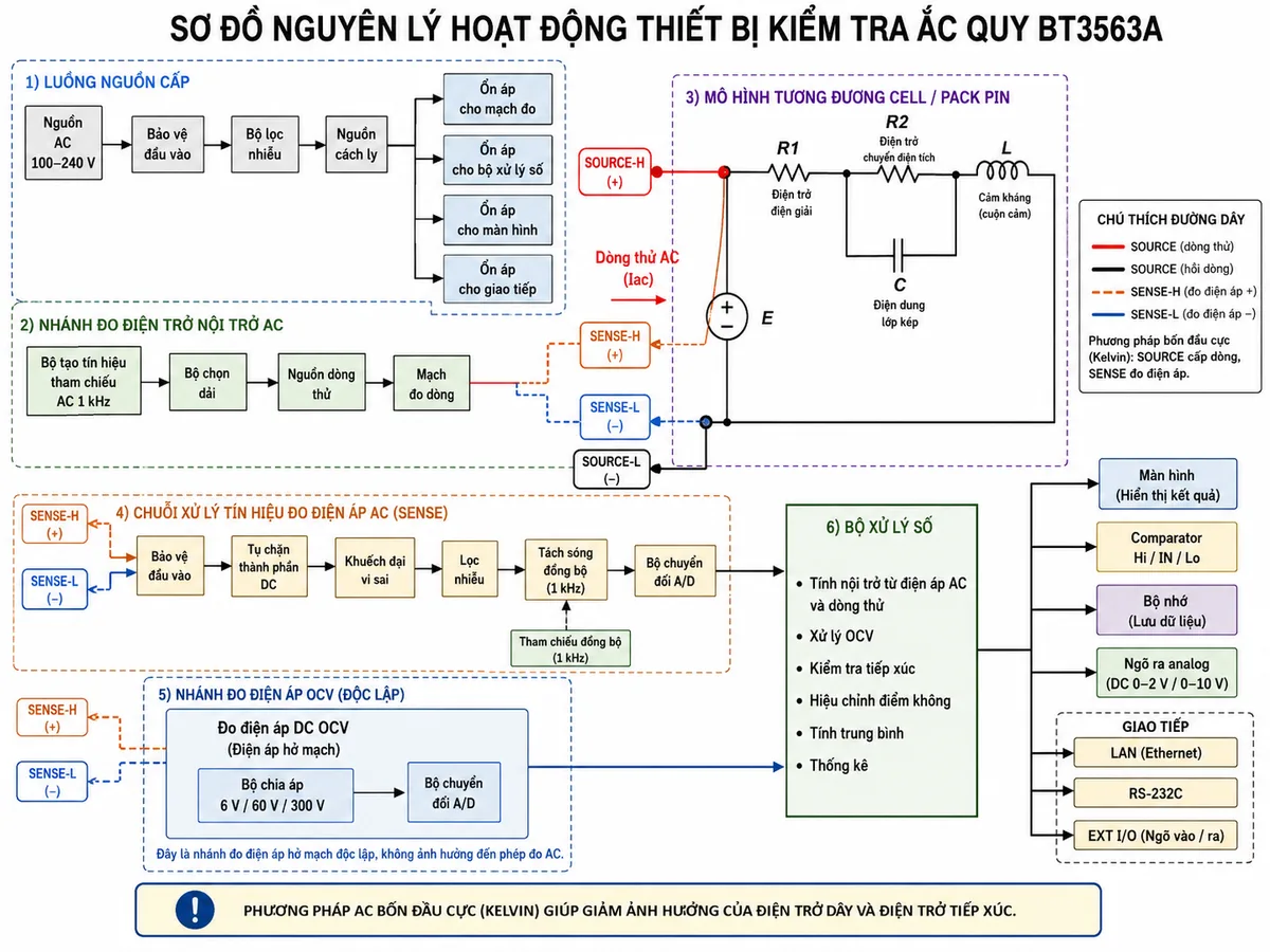 Vẽ sơ đồ nguyên lý hoạt động dạng khối của thiết bị kiểm tra ắc quy HIOKI BT3563A, nền trắng, bố cục ngang, nhãn tiếng Việt, phong cách kỹ thuật điện công nghiệp. Luồng nguồn bắt đầu từ AC 100–240 V qua bảo vệ đầu vào, bộ lọc nhiễu, nguồn cách ly và các khối ổn áp cấp cho mạch đo, bộ xử lý, màn hình và giao tiếp. Nhánh đo điện trở gồm bộ tạo tín hiệu tham chiếu AC 1 kHz, bộ chọn dải, nguồn dòng thử và mạch đo dòng; dòng đi qua SOURCE-H tới mô hình tương đương của cell hoặc pack gồm nguồn điện áp DC E, điện trở điện giải R1, điện trở chuyển điện tích R2, điện dung lớp kép C và thành phần cảm kháng L, sau đó quay về SOURCE-L. Hai đường SENSE-H và SENSE-L đưa điện áp đáp ứng qua bảo vệ đầu vào, tụ chặn thành phần DC, khuếch đại vi sai, lọc nhiễu, tách sóng đồng bộ và bộ chuyển đổi A/D. Vẽ nhánh đo điện áp DC OCV riêng với bộ chia áp theo các dải 6 V, 60 V và 300 V. Bộ xử lý số tính nội trở từ điện áp AC và dòng thử, đồng thời xử lý OCV, kiểm tra tiếp xúc, hiệu chỉnh điểm không, tính trung bình và thống kê; kết quả đi tới màn hình, comparator Hi/IN/Lo, bộ nhớ, ngõ ra analog, LAN, RS-232C và EXT I/O. Thể hiện mũi tên luồng tín hiệu rõ ràng và ghi chú phương pháp AC bốn đầu cực giúp giảm ảnh hưởng của điện trở dây và điện trở tiếp xúc.