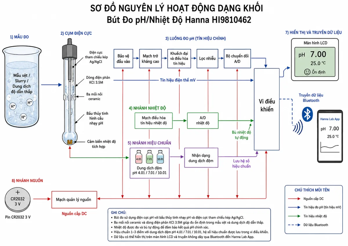 Sơ đồ nguyên lý hoạt động dạng khối của Bút Đo pH/Nhiệt Độ Cho Mẫu Sệt hoặc Độ Dẫn Thấp Hanna HI9810462, nền trắng, bố cục ngang, phong cách kỹ thuật đo lường và nhãn tiếng Việt. Luồng đo chính bắt đầu từ mẫu sệt, slurry hoặc dung dịch độ dẫn thấp chứa ion H+, đi tới bầu thủy tinh hình cầu nhạy pH và điện cực tham chiếu kép Ag/AgCl qua ba mối nối ceramic có dòng điện phân KCl 3.5M. Tín hiệu điện thế mV tiếp tục qua khối bảo vệ đầu vào, mạch trở kháng cao, khuếch đại và điều hòa tín hiệu, lọc nhiễu, bộ chuyển đổi A/D và vi điều khiển. Vẽ nhánh riêng từ cảm biến nhiệt độ tích hợp qua mạch điều hòa và A/D tới vi điều khiển để bù nhiệt tự động. Bổ sung nhánh hiệu chuẩn từ các dung dịch đệm pH tới khối nhận dạng đệm và lưu hệ số hiệu chuẩn; đầu ra từ vi điều khiển tới màn hình LCD hiển thị pH, nhiệt độ và biểu tượng ổn định, đồng thời truyền Bluetooth tới Hanna Lab App. Vẽ nhánh nguồn từ pin CR2032 3 V qua mạch quản lý nguồn cấp cho toàn bộ các khối.
