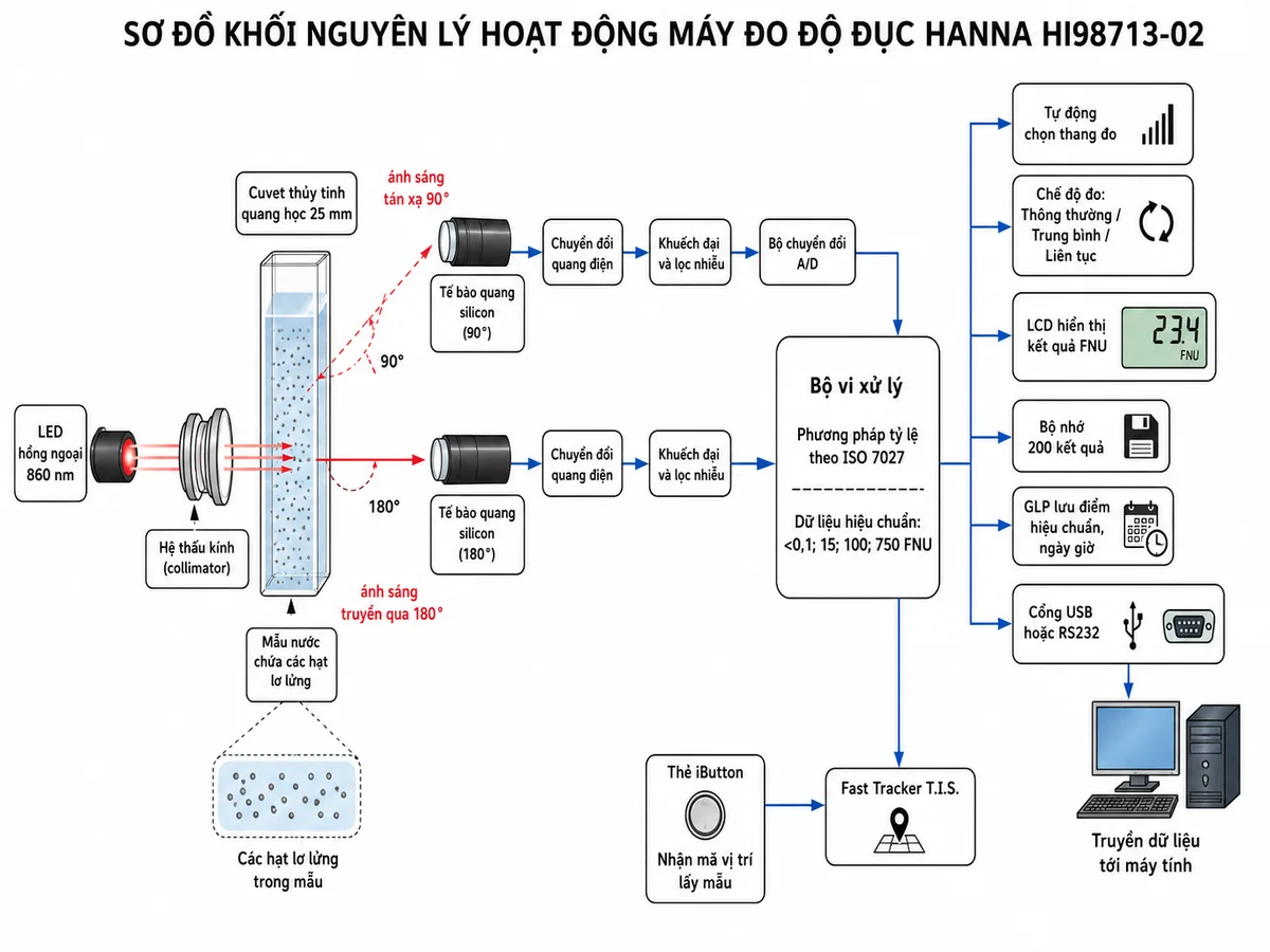 Vẽ sơ đồ khối nguyên lý hoạt động của máy đo độ đục Hanna HI98713-02 trên nền trắng, bố cục ngang. Luồng bắt đầu từ cuvet thủy tinh quang học 25 mm chứa mẫu nước và các hạt lơ lửng. LED hồng ngoại 860 nm phát chùm sáng qua hệ thấu kính vào cuvet; chia thành nhánh ánh sáng tán xạ đến tế bào quang silicon đặt ở góc 90 độ và nhánh ánh sáng truyền qua đến tế bào quang silicon đặt ở góc 180 độ. Hai tín hiệu đi qua khối chuyển đổi quang điện, khuếch đại và lọc nhiễu, bộ chuyển đổi A/D rồi tới bộ vi xử lý áp dụng phương pháp tỷ lệ theo ISO 7027 và dữ liệu hiệu chuẩn tại các mức nhỏ hơn 0,1; 15; 100 và 750 FNU. Thể hiện khối tự động chọn thang đo, các chế độ đo thông thường, trung bình và liên tục; sau đó hiển thị kết quả FNU trên LCD. Thêm nhánh bộ nhớ 200 kết quả, khối GLP lưu điểm hiệu chuẩn cùng ngày giờ, cổng USB hoặc RS232 truyền dữ liệu tới máy tính và Fast Tracker T.I.S. nhận mã vị trí từ thẻ iButton.