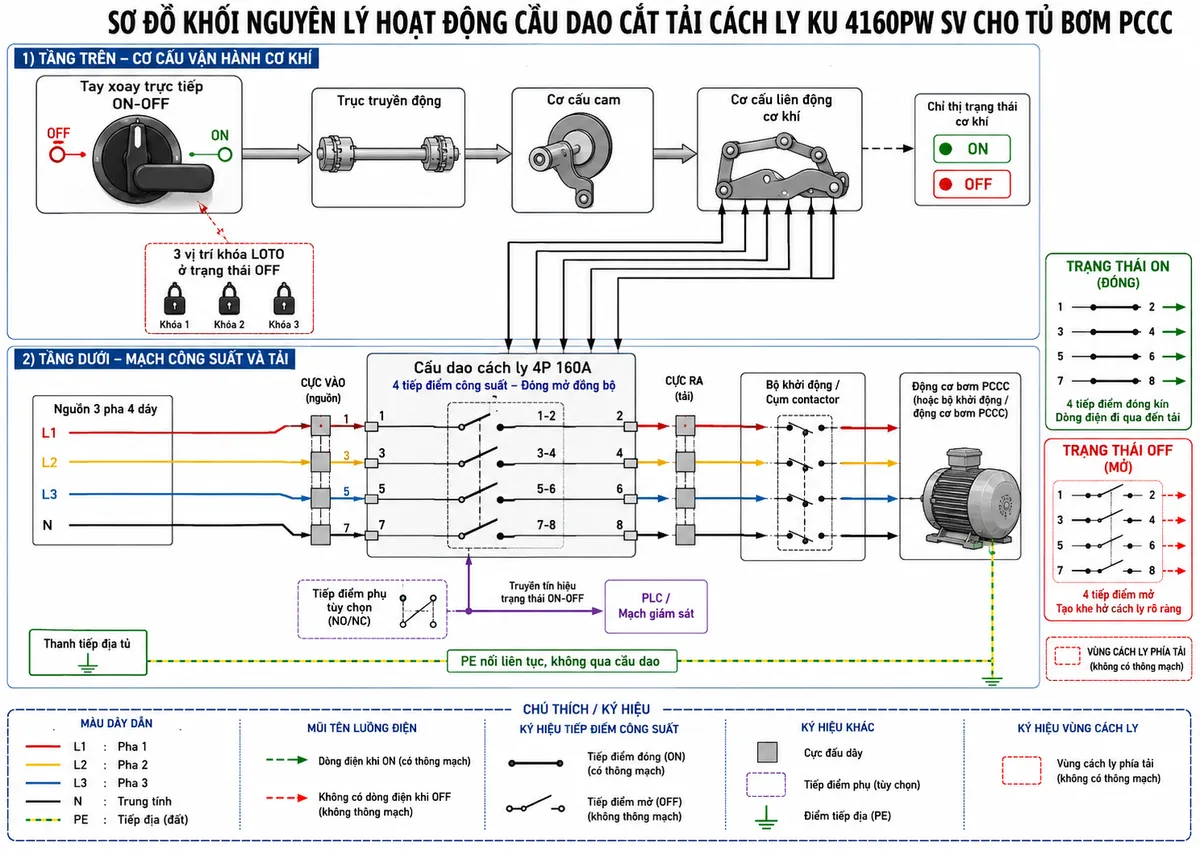 Vẽ sơ đồ khối nguyên lý hoạt động của cầu dao cắt tải cách ly Katko KU 4160PW SV trên nền trắng, bố cục ngang. Phía trên thể hiện tay xoay trực tiếp ON-OFF truyền lực qua trục đến cơ cấu cam và cơ cấu liên động cơ khí. Phía dưới thể hiện nguồn L1-L2-L3-N đi vào các cực 1-3-5-7, qua bốn tiếp điểm công suất đóng mở đồng bộ, đi ra các cực 2-4-6-8 đến bộ khởi động hoặc động cơ bơm PCCC. Minh họa trạng thái ON với bốn tiếp điểm đóng và mũi tên dòng điện sang tải; trạng thái OFF với bốn tiếp điểm mở, vùng cách ly phía tải và ba vị trí khóa ổ khóa LOTO. Bổ sung khối chỉ thị trạng thái cơ khí, tiếp điểm phụ tùy chọn truyền tín hiệu ON-OFF về PLC hoặc mạch giám sát và ghi chú PE nối liên tục, không qua cầu dao.