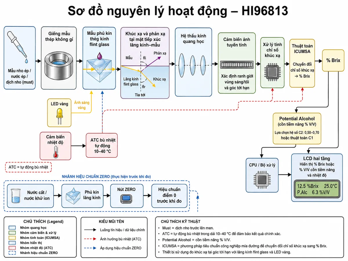 Sơ đồ nguyên lý hoạt động Hanna HI96813 dạng block diagram kỹ thuật trên nền trắng: mẫu nho ép, nước ép hoặc dịch nho/must được nhỏ bằng pipet nhựa → giếng mẫu thép không gỉ → mẫu phủ kín lăng kính flint glass → LED vàng phát ánh sáng qua lăng kính → khúc xạ và phản xạ tại mặt tiếp xúc lăng kính–mẫu → hệ thấu kính quang học → cảm biến ảnh tuyến tính xác định ranh giới vùng sáng/tối và góc tới hạn → khối xử lý tính chỉ số khúc xạ. Từ cảm biến nhiệt độ tạo nhánh vào khối ATC bù nhiệt tự động 10–40 °C → thuật toán ICUMSA chuyển đổi chỉ số khúc xạ sang % Brix. Từ % Brix tách nhánh sang khối Potential Alcohol: lựa chọn hệ số C2 điều chỉnh 0,50–0,70 hoặc thuật toán C1 → CPU → LCD hai tầng hiển thị % Brix hoặc % V/V cồn tiềm năng đồng thời với nhiệt độ. Bổ sung nhánh hiệu chuẩn ZERO: nước cất/nước khử ion → phủ kín lăng kính → nút ZERO → hiệu chuẩn điểm 0 trước khi đo.