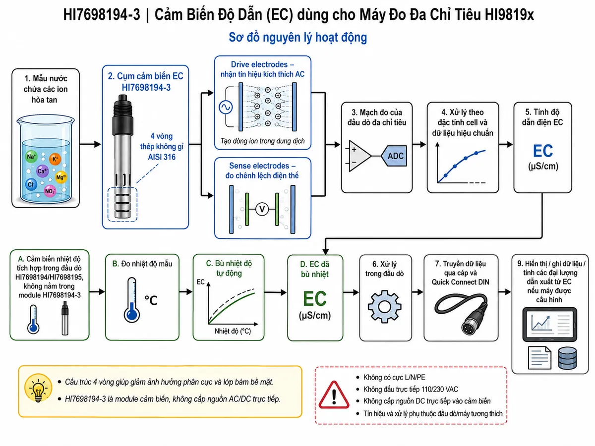 Vẽ sơ đồ nguyên lý hoạt động dạng block diagram kỹ thuật cho Hanna HI7698194-3 trên nền trắng, bố cục ngang. Bắt đầu từ “Mẫu nước chứa các ion hòa tan” → “Cụm cảm biến EC HI7698194-3” → thể hiện 4 vòng thép không gỉ AISI 316; tách thành hai vòng ngoài “Drive electrodes – nhận tín hiệu kích thích AC” → tạo dòng ion trong dung dịch, và hai vòng trong “Sense electrodes – đo chênh lệch điện thế” → mạch đo của đầu dò đa chỉ tiêu → xử lý theo đặc tính cell và dữ liệu hiệu chuẩn → tính độ dẫn điện EC. Tạo nhánh song song riêng từ “Cảm biến nhiệt độ tích hợp trong đầu dò HI7698194/HI7698195, không nằm trong module HI7698194-3” → đo nhiệt độ mẫu → bù nhiệt độ tự động → EC đã bù nhiệt. Sau đó → xử lý trong đầu dò → truyền dữ liệu qua cáp và Quick Connect DIN → máy HI98194 hoặc HI98195 → hiển thị/ghi dữ liệu và tính các đại lượng dẫn xuất từ EC nếu chức năng của máy được cấu hình. Ghi chú cấu trúc 4 vòng giúp giảm ảnh hưởng phân cực và lớp bám bề mặt; HI7698194-3 là module cảm biến, không cấp nguồn AC/DC trực tiếp.