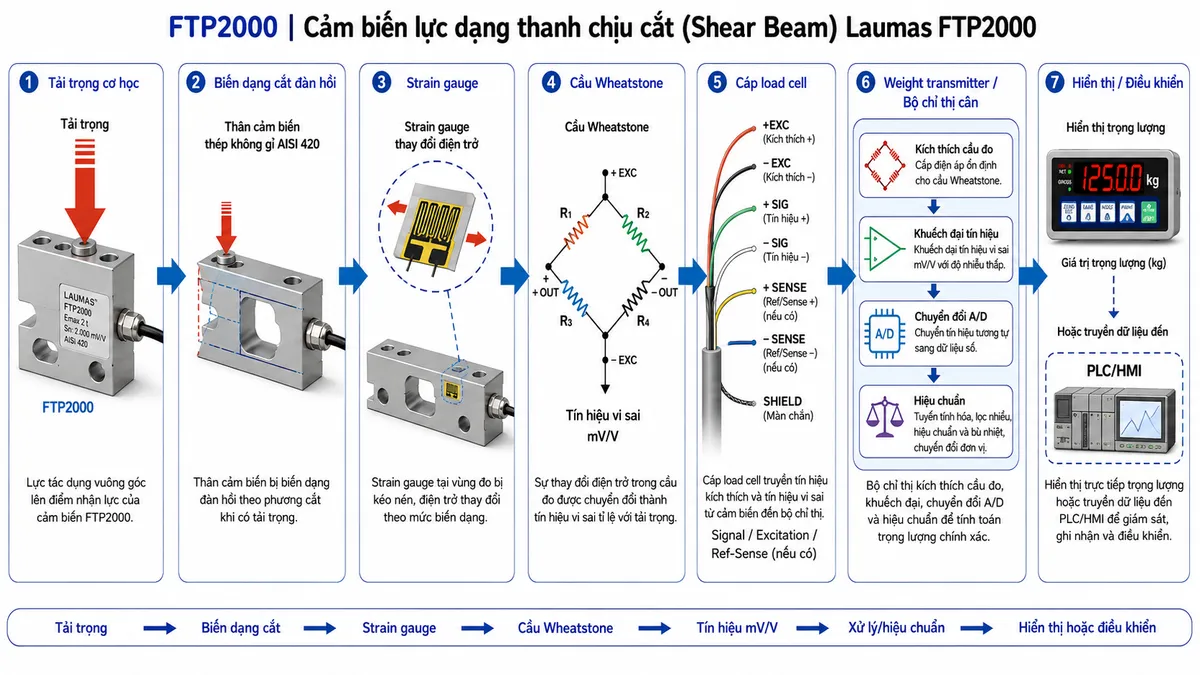 Sơ đồ nguyên lý hoạt động Laumas FTP2000 dạng khối chức năng từ trái sang phải trên nền trắng, phong cách kỹ thuật điện công nghiệp: Tải trọng cơ học tác động đúng phương lên điểm nhận lực của Shear Beam FTP2000 → thân cảm biến thép không gỉ AISI 420 phát sinh biến dạng cắt đàn hồi → các strain gauge tại vùng đo thay đổi điện trở → cầu Wheatstone chuyển biến thiên điện trở thành tín hiệu vi sai mV/V → cáp load cell truyền Signal cùng Excitation và Ref/Sense nếu được trang bị → weight transmitter hoặc bộ chỉ thị cân thực hiện kích thích cầu đo, khuếch đại tín hiệu, chuyển đổi A/D và hiệu chuẩn → giá trị khối lượng hiển thị trên thiết bị hoặc truyền tới PLC/HMI. Dùng các mũi tên lớn, rõ ràng thể hiện luồng Tải trọng → Biến dạng cắt → Strain gauge → Cầu Wheatstone → Tín hiệu mV/V → Xử lý/hiệu chuẩn → Hiển thị hoặc điều khiển.