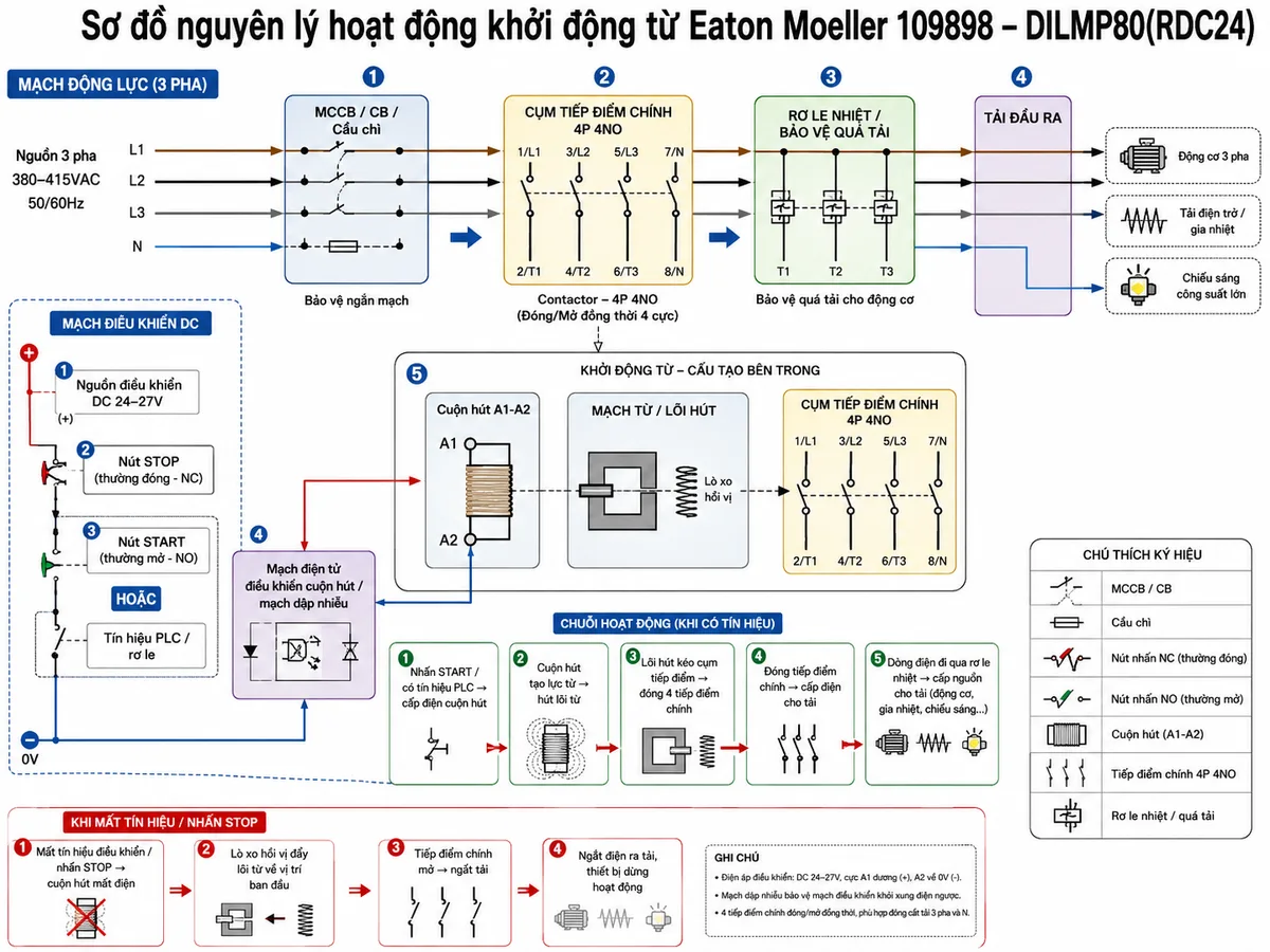 Sơ đồ nguyên lý hoạt động khởi động từ Eaton Moeller 109898 DILMP80(RDC24): thể hiện các khối chức năng gồm nguồn điều khiển DC 24-27V, nút STOP thường đóng, nút START thường mở hoặc tín hiệu PLC/rơ le, mạch điện tử điều khiển cuộn hút có mạch dập nhiễu, cuộn hút A1-A2, mạch từ/lõi hút, lò xo hồi vị, cụm tiếp điểm chính 4P 4NO, khối bảo vệ MCCB/CB/cầu chì/rơ le nhiệt và tải đầu ra; dùng mũi tên mô tả luồng tín hiệu làm cuộn hút hút lõi từ, đóng tiếp điểm chính cấp điện cho tải, khi mất tín hiệu điều khiển thì lò xo hồi vị mở tiếp điểm và ngắt tải.