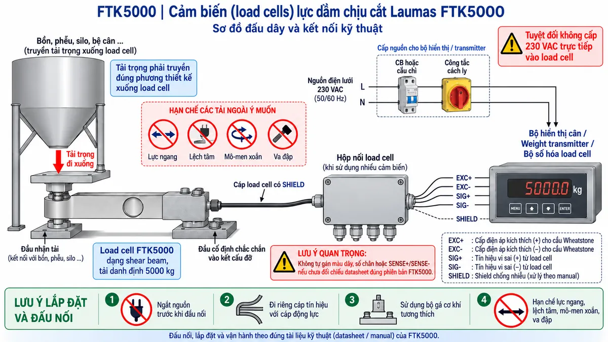 Sơ đồ nguyên lý hoạt động dạng khối của Laumas FTK5000 trên nền trắng, bố cục ngang: Tải trọng cơ học → bộ gá và điểm truyền lực → thân shear beam FTK5000 bằng thép AISI 4340 mạ niken → biến dạng đàn hồi do lực cắt tại vùng đo → strain gauge thay đổi điện trở → cầu Wheatstone → tín hiệu vi sai SIG+/SIG- → khuếch đại tín hiệu → chuyển đổi A/D → hiệu chuẩn, zero, tare, lọc và tính toán trọng lượng → bộ hiển thị cân hoặc weight transmitter → PLC/HMI/SCADA khi cần. Vẽ nhánh từ thiết bị điện tử cân cấp EXC+/EXC- tới cầu Wheatstone và thể hiện SHIELD đi cùng cáp tín hiệu, xử lý theo manual.
