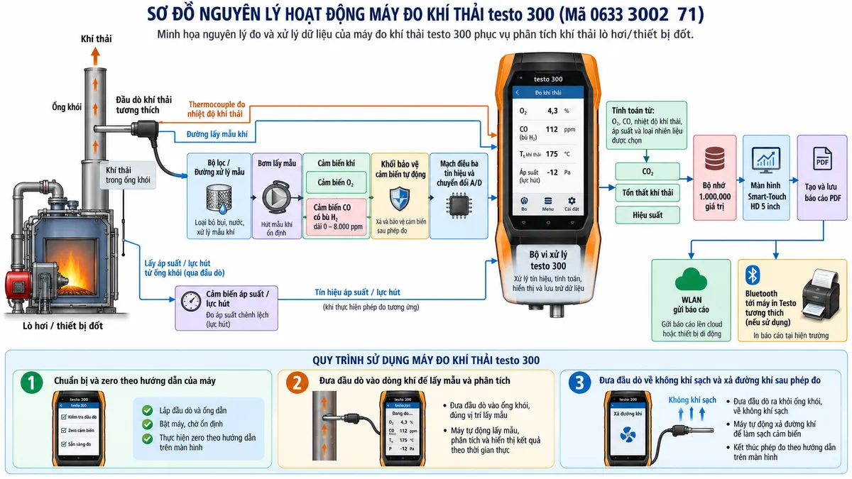 Vẽ sơ đồ nguyên lý hoạt động dạng khối cho máy đo khí thải testo 300 mã 0633 3002 71 trên nền trắng, bố cục ngang. Luồng chính: Lò hơi/thiết bị đốt → khí thải trong ống khói → đầu dò khí thải tương thích → thermocouple đo nhiệt độ khí thải và đường lấy mẫu khí → bộ lọc/đường xử lý mẫu → bơm lấy mẫu → cảm biến O2 và cảm biến CO có bù H2 dải 0–8.000 ppm → khối bảo vệ cảm biến tự động → mạch điều hòa tín hiệu và chuyển đổi A/D → bộ vi xử lý testo 300. Vẽ thêm nhánh cảm biến áp suất/lực hút đi vào bộ xử lý khi thực hiện phép đo tương ứng. Từ dữ liệu O2, CO, nhiệt độ khí thải, áp suất và loại nhiên liệu đã chọn, bộ xử lý tính CO2, tổn thất khí thải và hiệu suất → bộ nhớ 1.000.000 giá trị → màn hình Smart-Touch HD 5 inch → tạo và lưu báo cáo PDF → WLAN gửi báo cáo hoặc Bluetooth tới máy in Testo tương thích nếu sử dụng. Phía dưới thể hiện quy trình ba bước: chuẩn bị và zero theo hướng dẫn của máy → đưa đầu dò vào dòng khí để lấy mẫu và phân tích → đưa đầu dò về không khí sạch và xả đường khí sau phép đo.