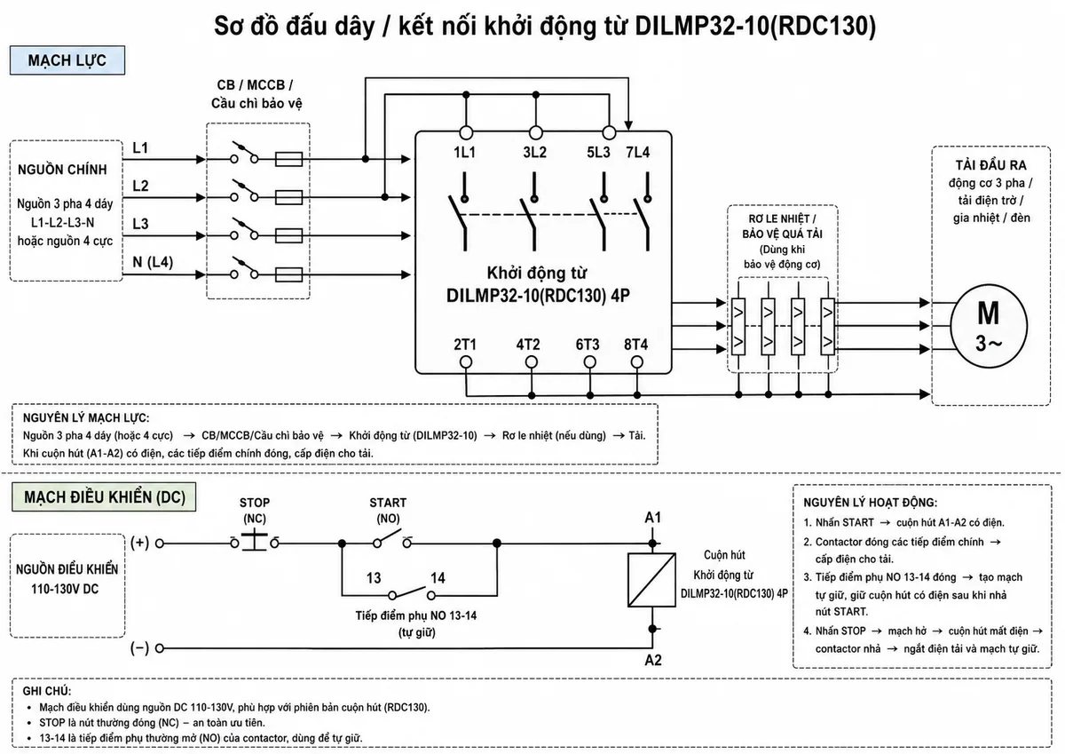 Sơ đồ đấu dây / kết nối khởi động từ Eaton Moeller 109810 DILMP32-10(RDC130) 4P 32A: thể hiện nguồn 3 pha 4 dây L1-L2-L3-N hoặc nguồn 4 cực đi qua CB/MCCB/cầu chì bảo vệ vào các cực phía trên 1L1, 3L2, 5L3, 7L4; các cực ra 2T1, 4T2, 6T3, 8T4 cấp tới tải động cơ 3 pha, tải điện trở, gia nhiệt hoặc đèn; cuộn hút A1-A2 nhận nguồn điều khiển 110-130V DC qua nút STOP thường đóng, nút START thường mở và tiếp điểm phụ NO 13-14 để tự giữ; thể hiện rơ le nhiệt hoặc bảo vệ quá tải nếu dùng cho động cơ, dây nối rõ ràng, ký hiệu kỹ thuật sạch, nền trắng