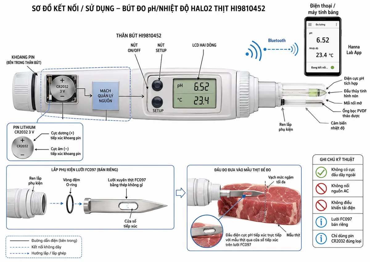 Vẽ sơ đồ kết nối sử dụng Bút Đo pH/Nhiệt Độ HALO2 Thịt Hanna HI9810452, nền trắng, bố cục ngang, nhãn tiếng Việt. Thể hiện pin lithium CR2032 3 V với cực dương và cực âm tiếp xúc khoang pin, mạch quản lý nguồn bên trong thân bút, nút ON/OFF, nút SETUP và màn hình LCD hai dòng. Phần đầu đo gồm điện cực pH tích hợp, đầu thủy tinh hình nón, mối nối mở với ống bọc PVDF tháo được, cảm biến nhiệt độ và ren lắp phụ kiện. Vẽ lưỡi xuyên thịt FC097 bằng thép không gỉ gắn qua vòng đệm O-ring, cửa sổ trên lưỡi cho điện cực tiếp xúc trực tiếp với mẫu thịt và vạch mức ngâm tối đa. Thể hiện kết nối Bluetooth không dây từ HI9810452 tới điện thoại hoặc máy tính bảng chạy Hanna Lab App. Ghi chú rõ thiết bị không có cực đấu dây ngoài, không nối nguồn AC, không điều khiển tải điện, lưỡi FC097 bán riêng và chỉ dùng pin CR2032 đúng loại.